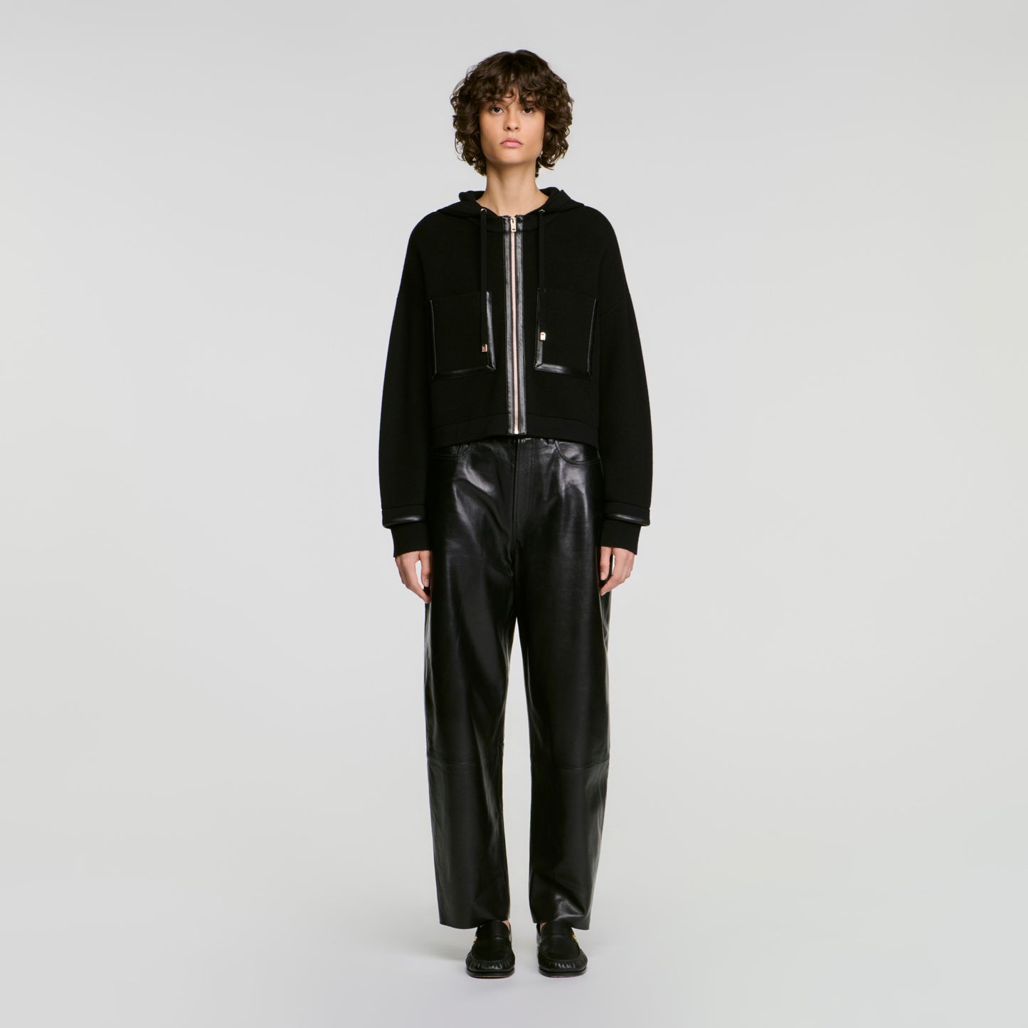 Arlo Hooded cardigan, leather details Black