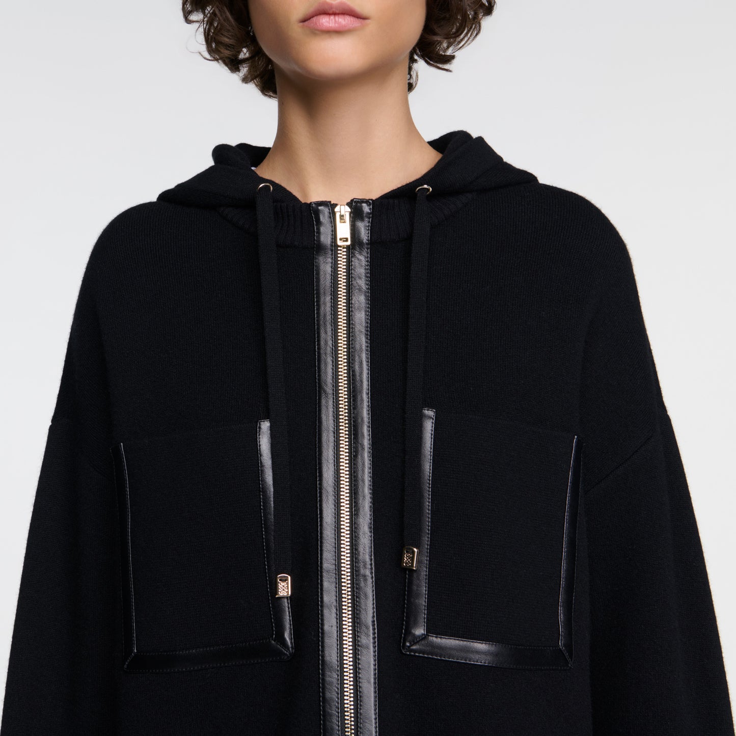 Arlo Hooded cardigan, leather details Black