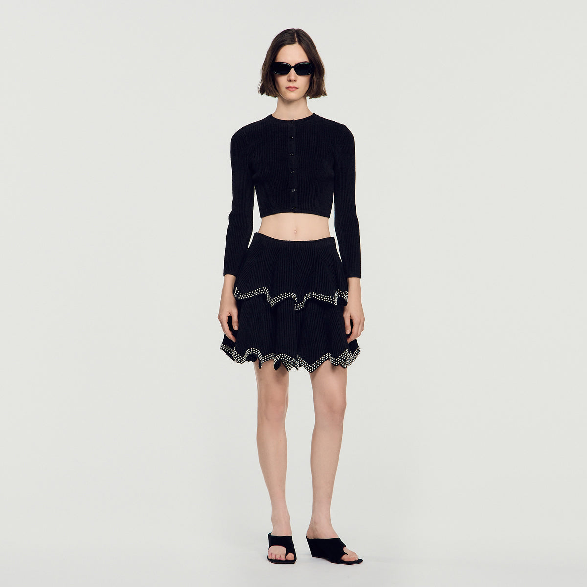 Dove Velvet Knit Cropped Cardigan Black