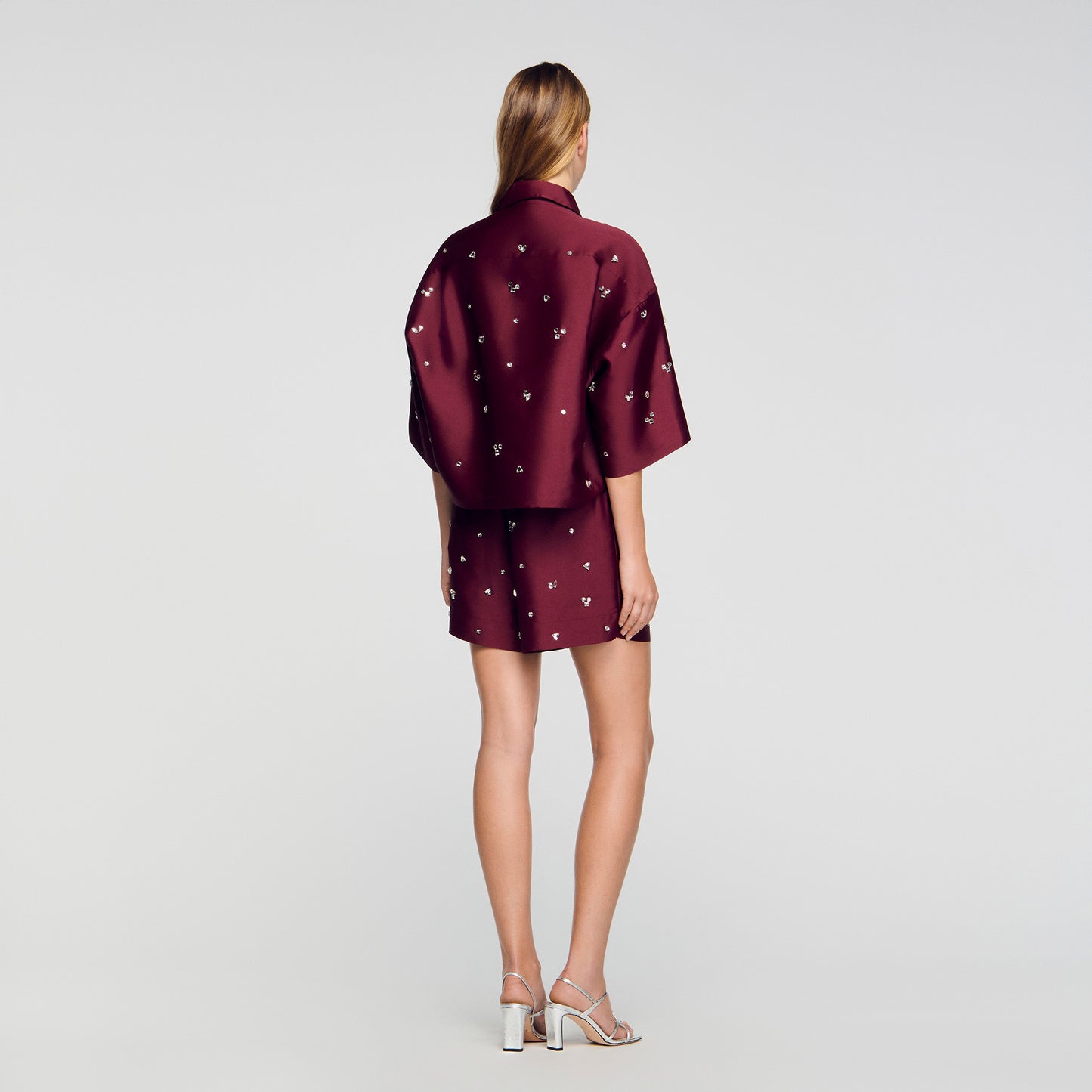 Onyx Rhinestone Wide-Leg Shorts Bordeaux