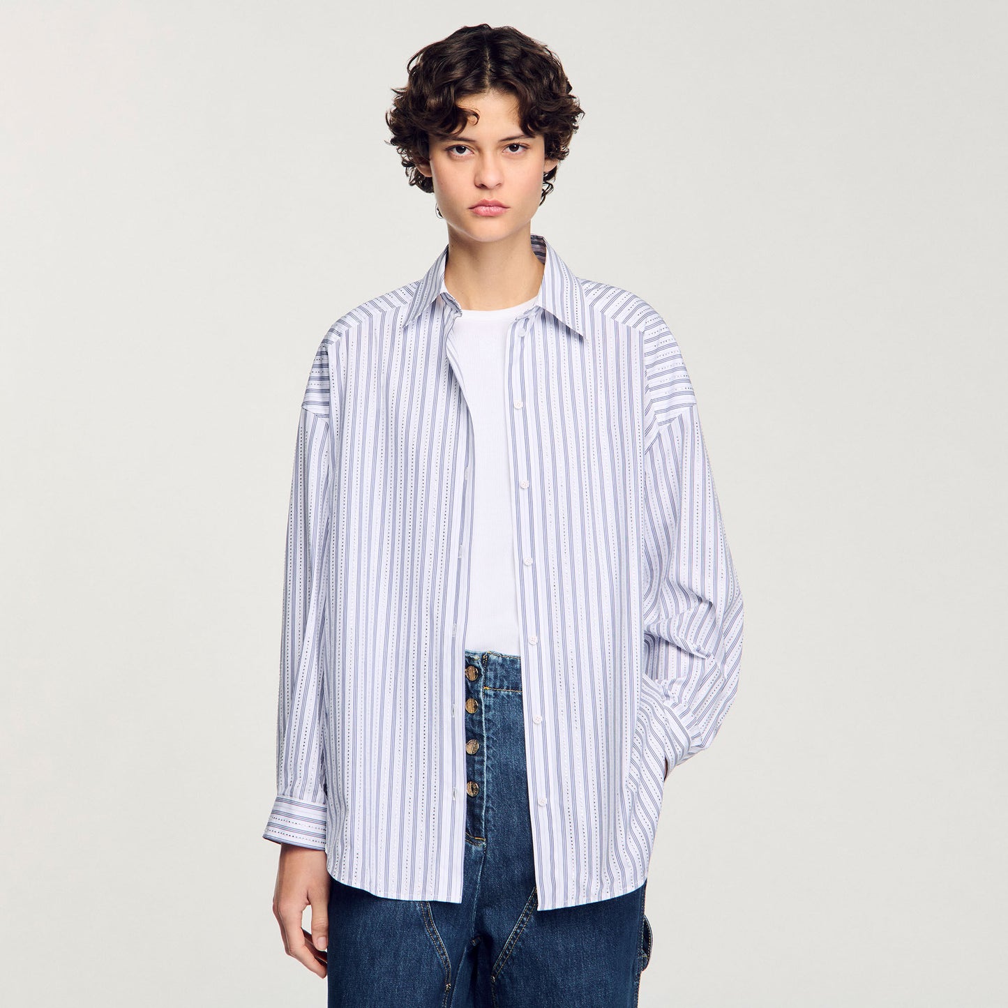 Striped Rhinestone Shirt White