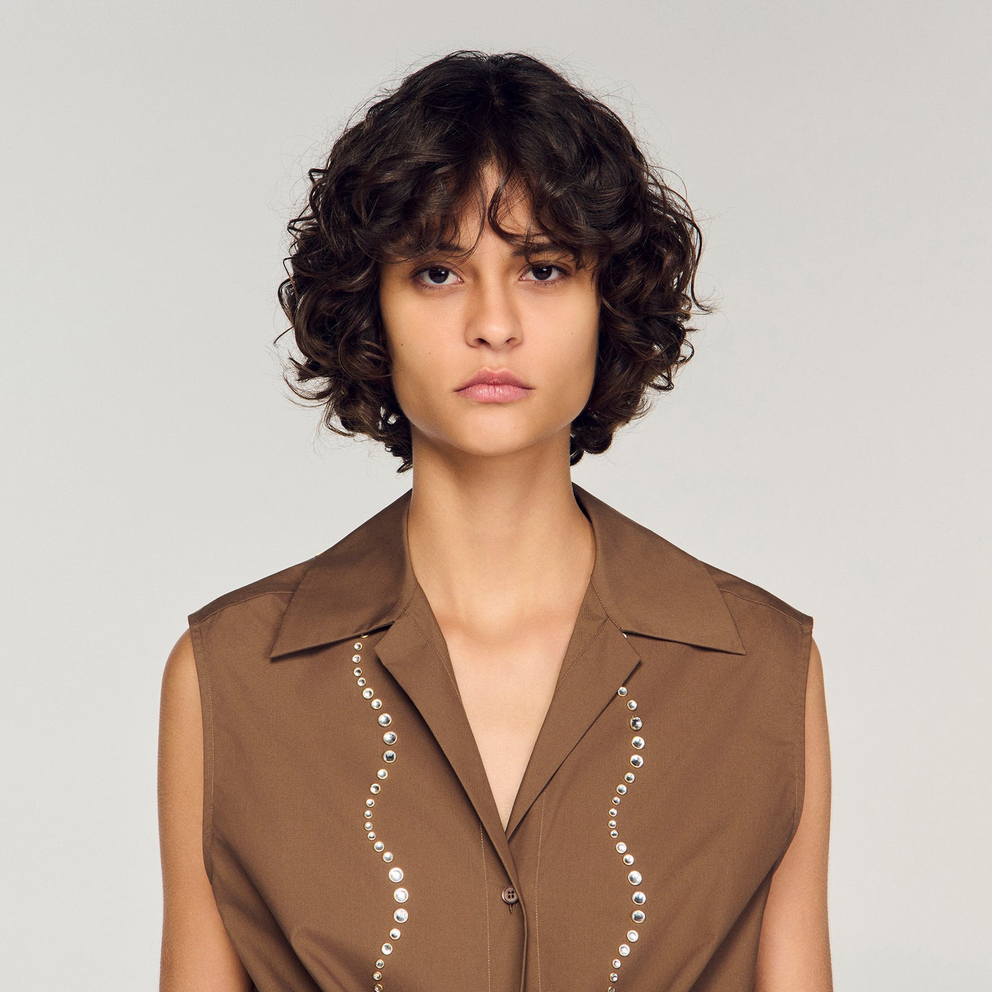 Rhinestone Cropped Shirt Brown