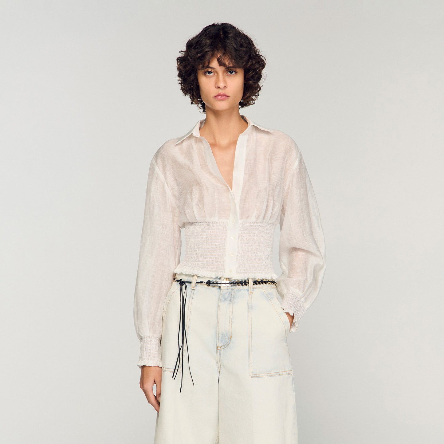 Smocked Linen Shirt White