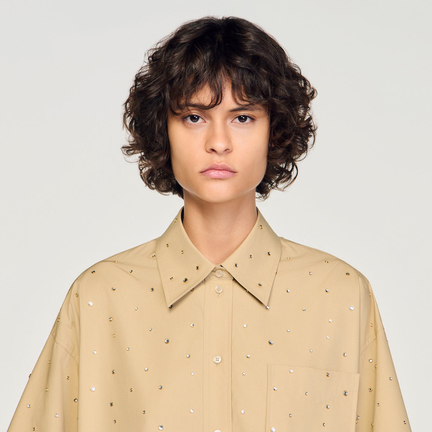 Rio Cotton Shirt With Rhinestones Beige