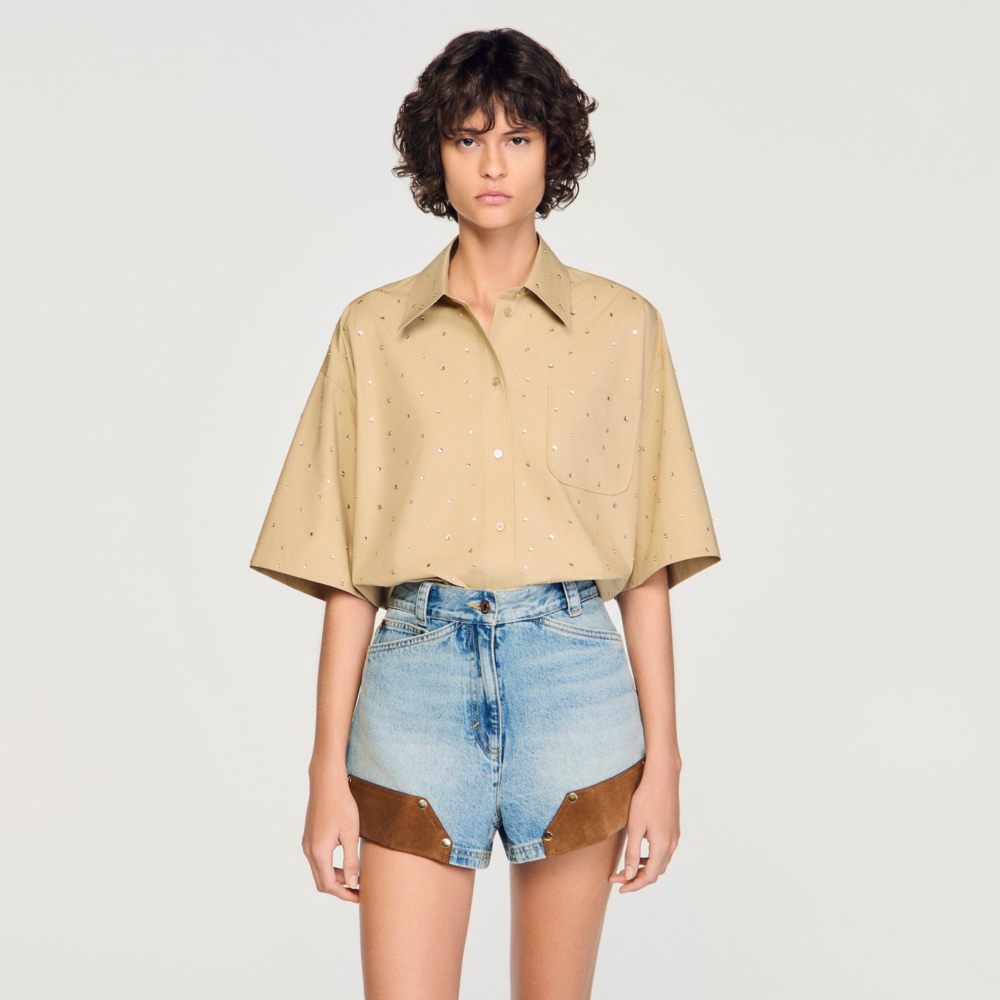 Rio Cotton Shirt With Rhinestones Beige