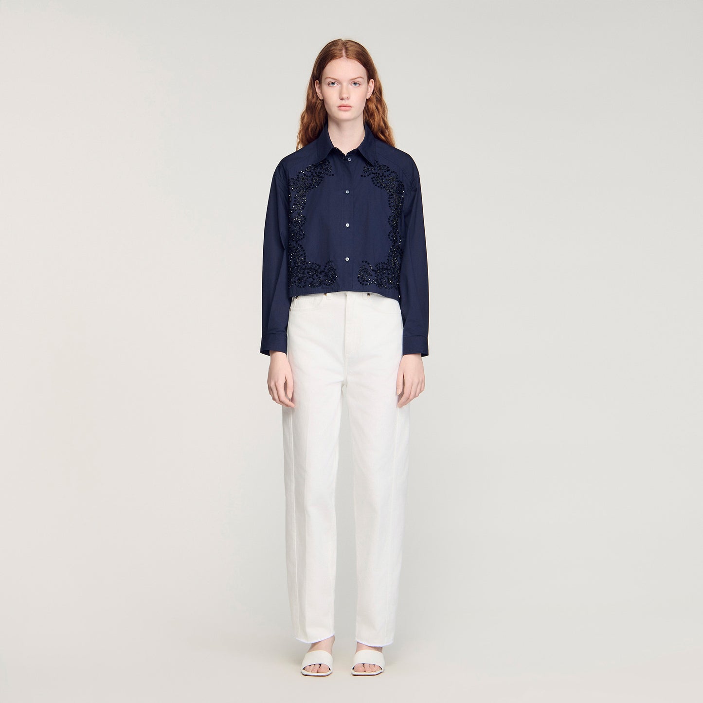 Tiana Floral Embroidered Cotton Shirt Navy Blue