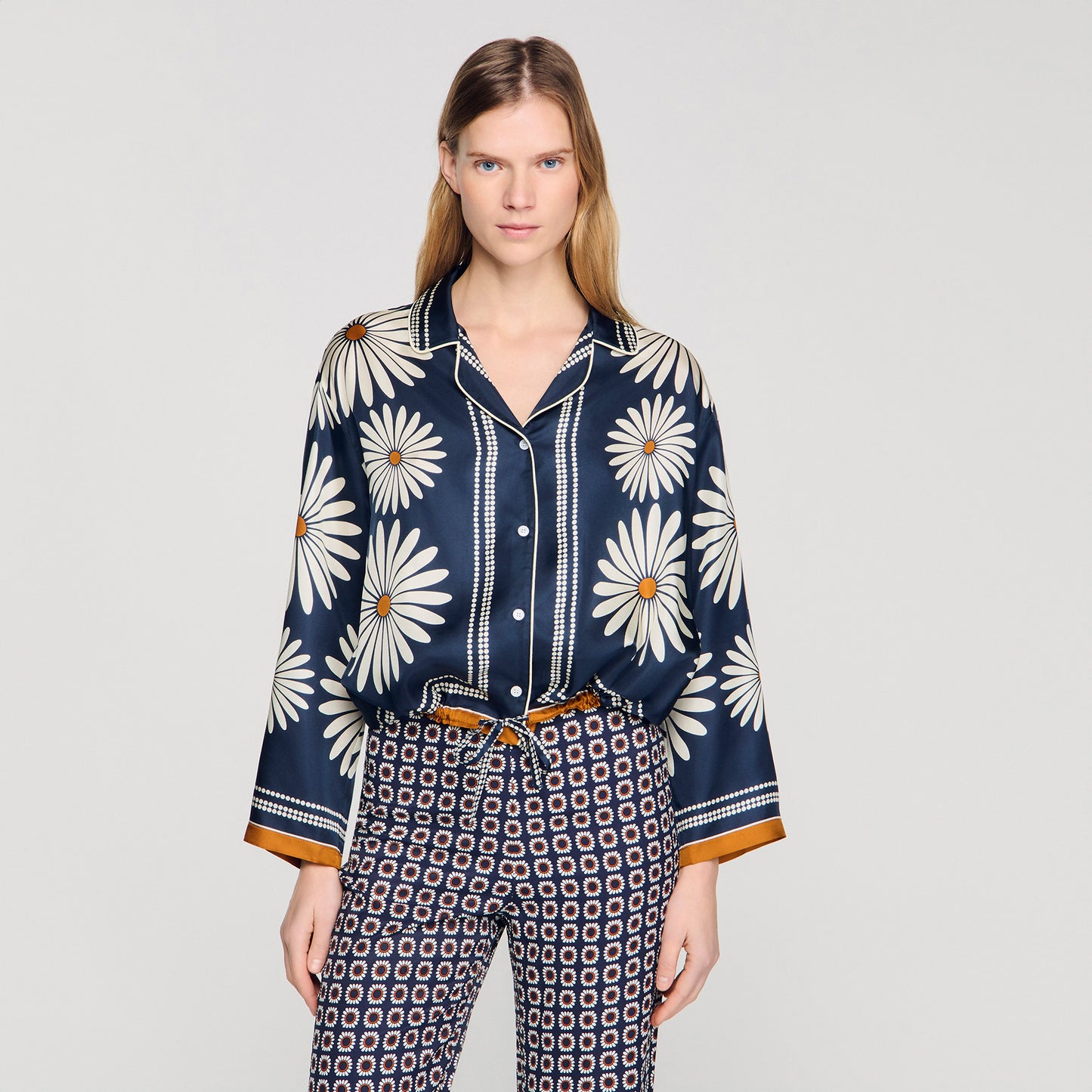 Dahlia Floral Print Silk Shirt Deep Blue / Ocher