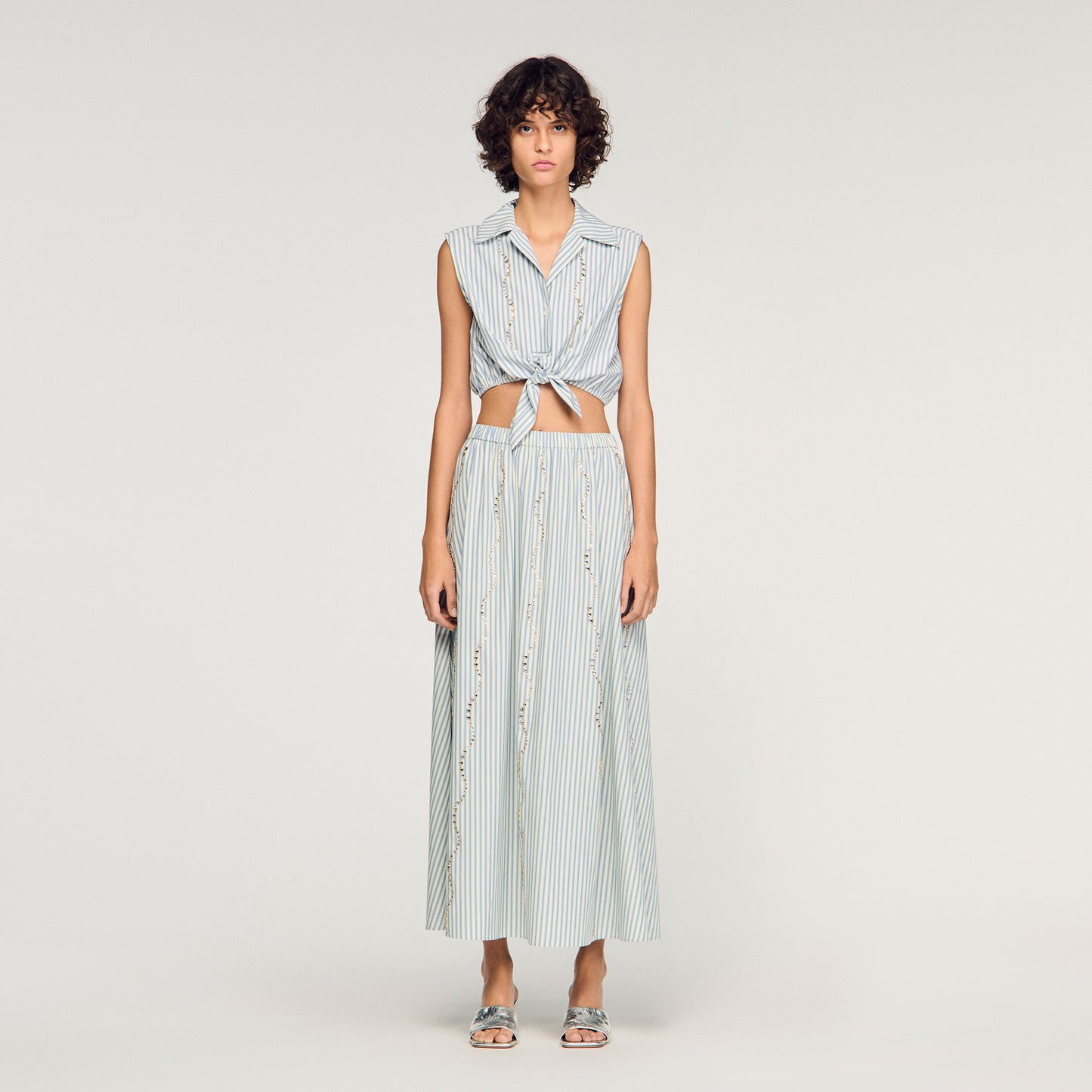 Lucio Cropped Striped Rhinestone Shirt Blue