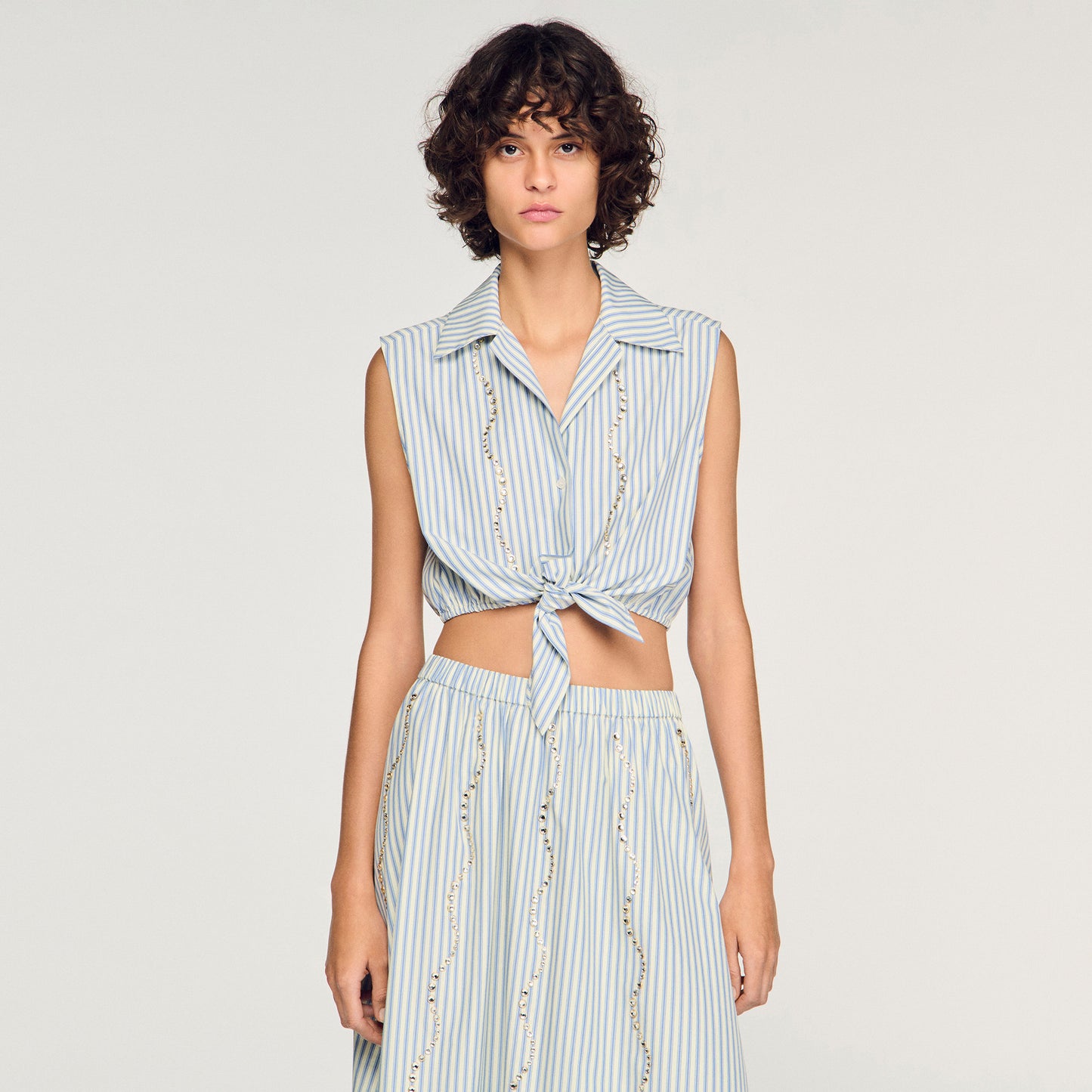 Lucio Cropped Striped Rhinestone Shirt Blue