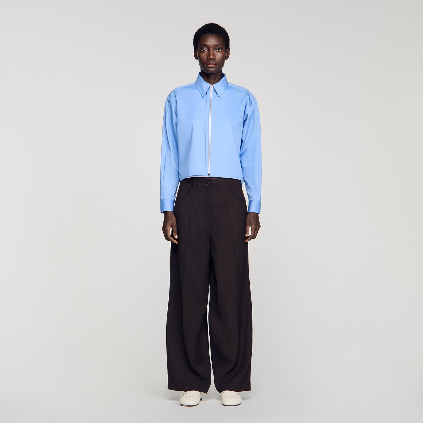Julianna Cropped Logo Zip Cotton Shirt Blue