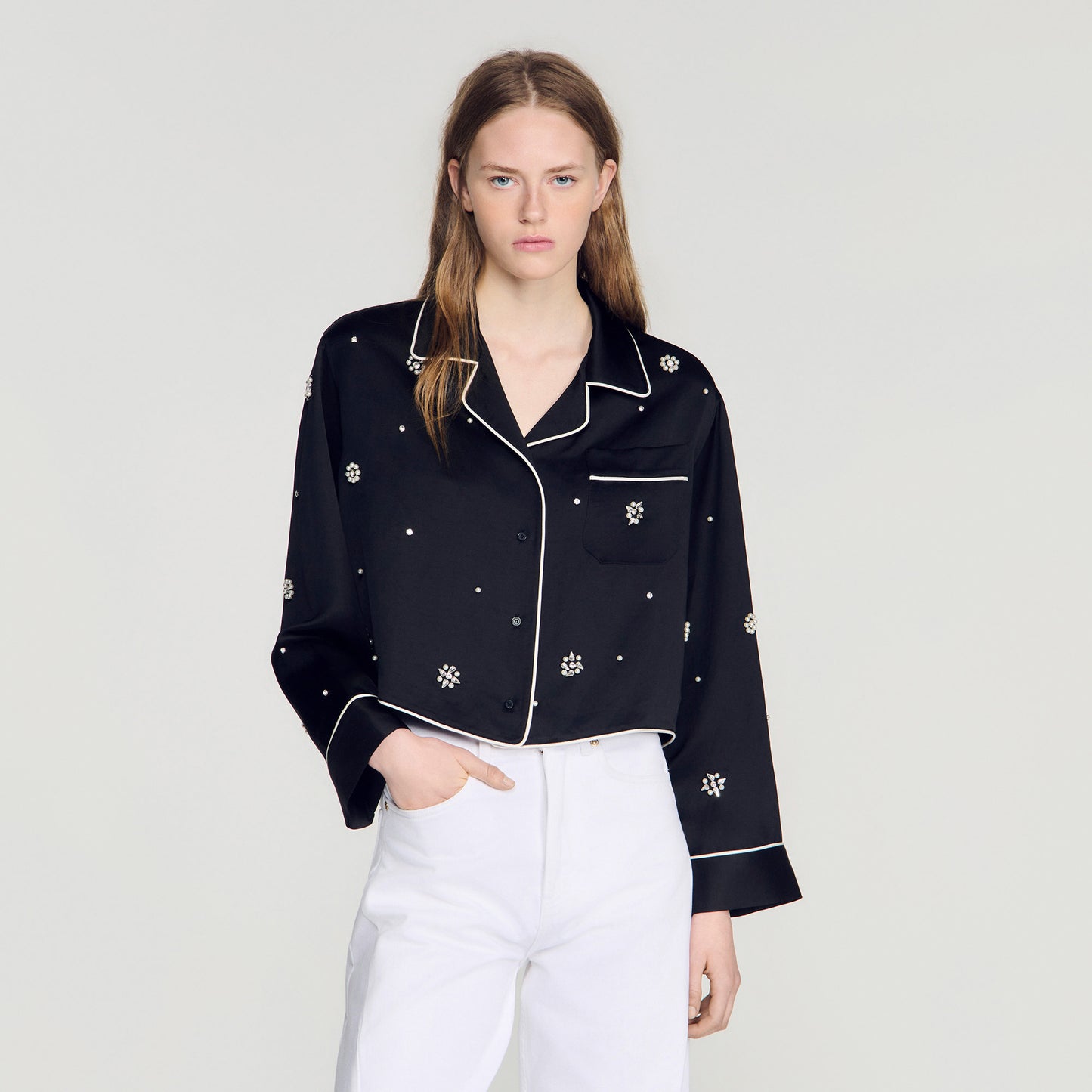 Nerissea Shirt with beads & rhinestones Black
