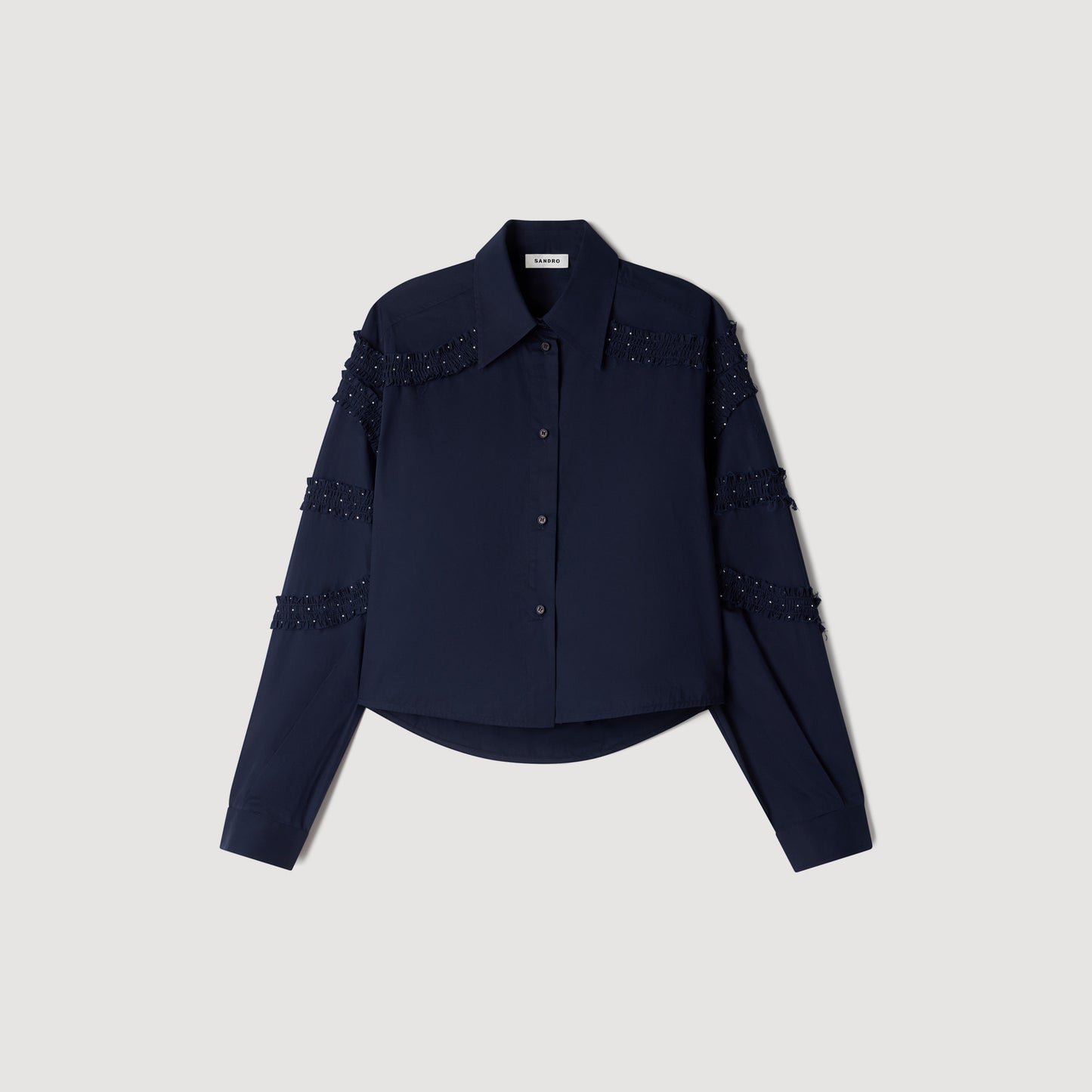 Litchi Gathered rhinestone cotton shirt Navy Blue