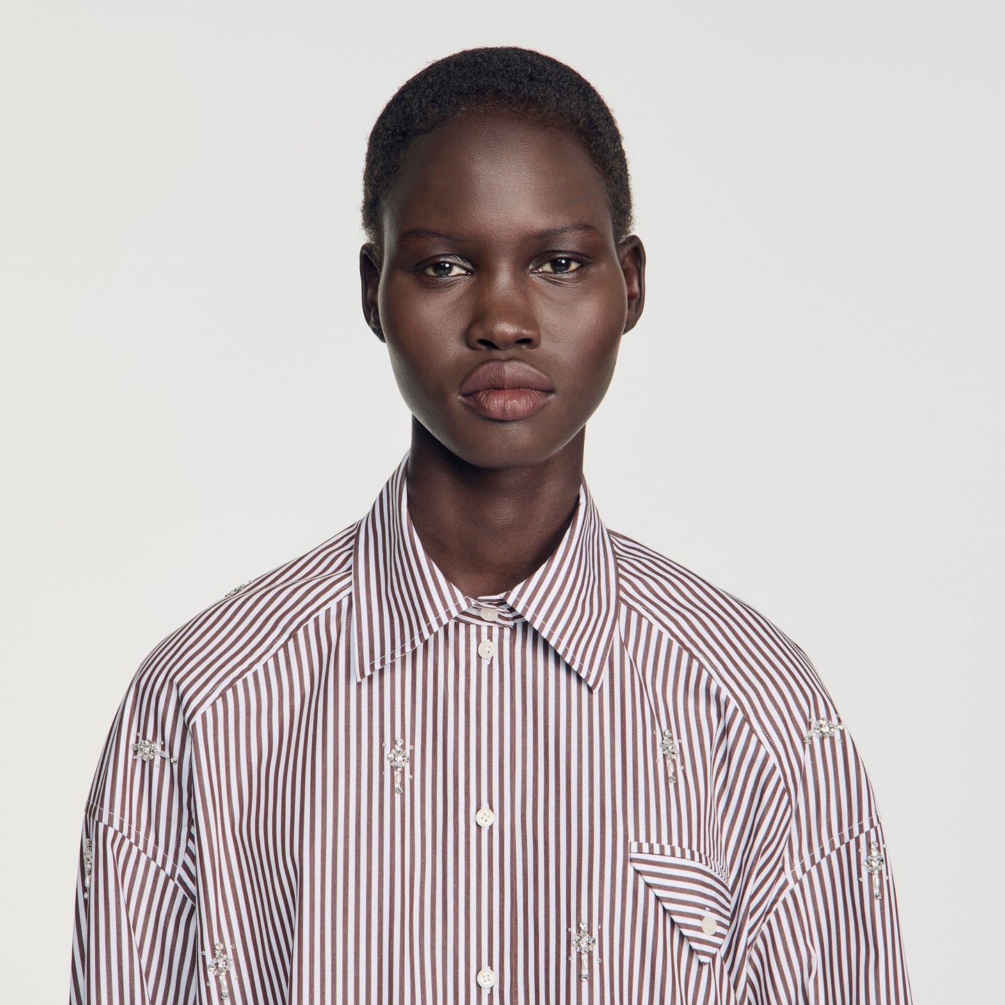 Brendana Oversized striped rhinestone shirt Brown