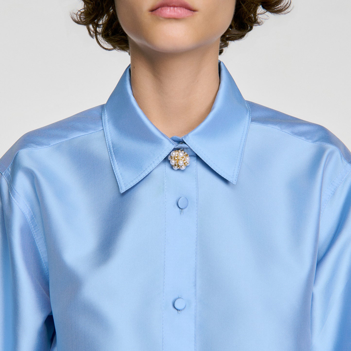 Suzanne Jewellery detail satin shirt Sky Blue