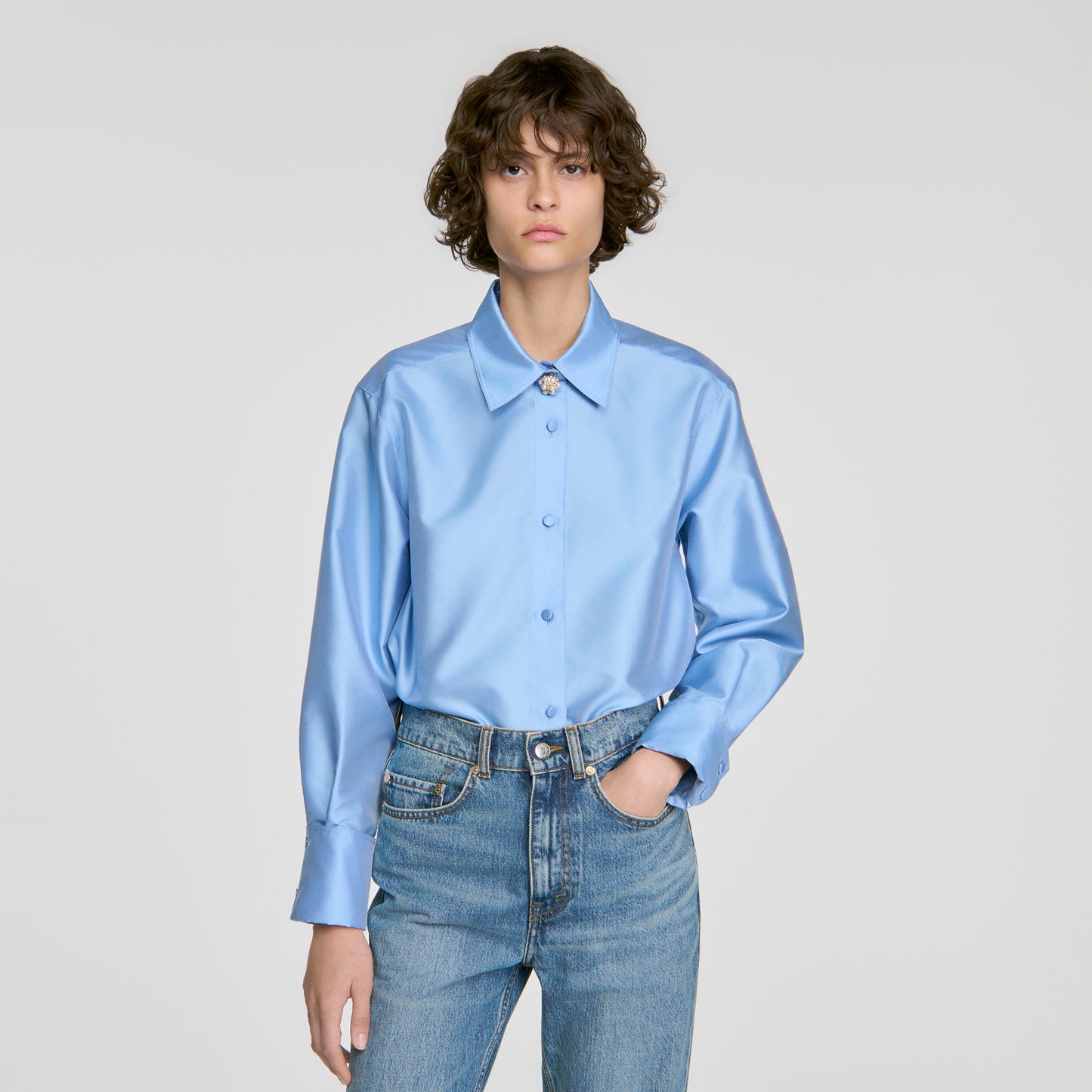 Suzanne Jewellery detail satin shirt Sky Blue
