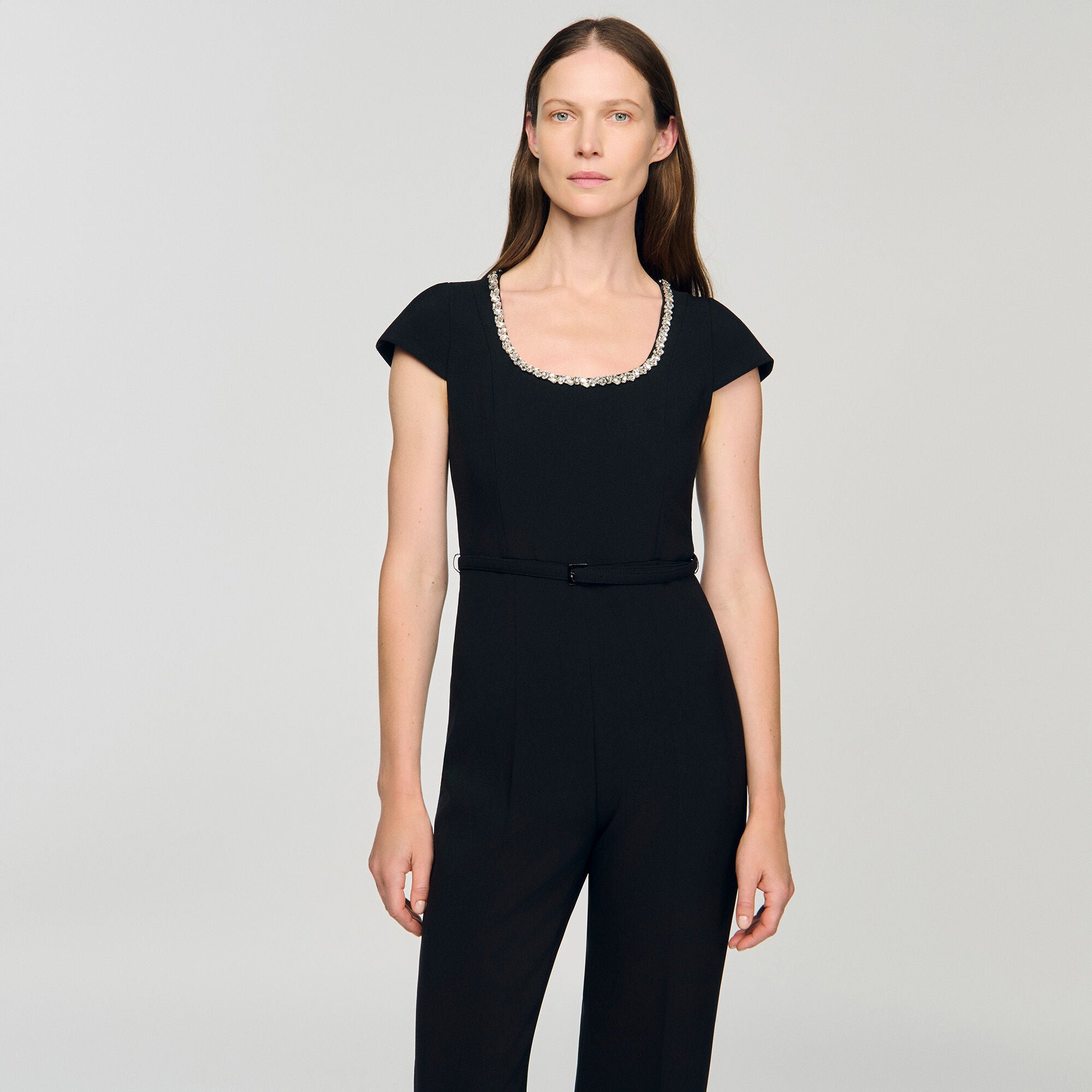 Odelia Jumpsuit With Rhinestone Collar Black