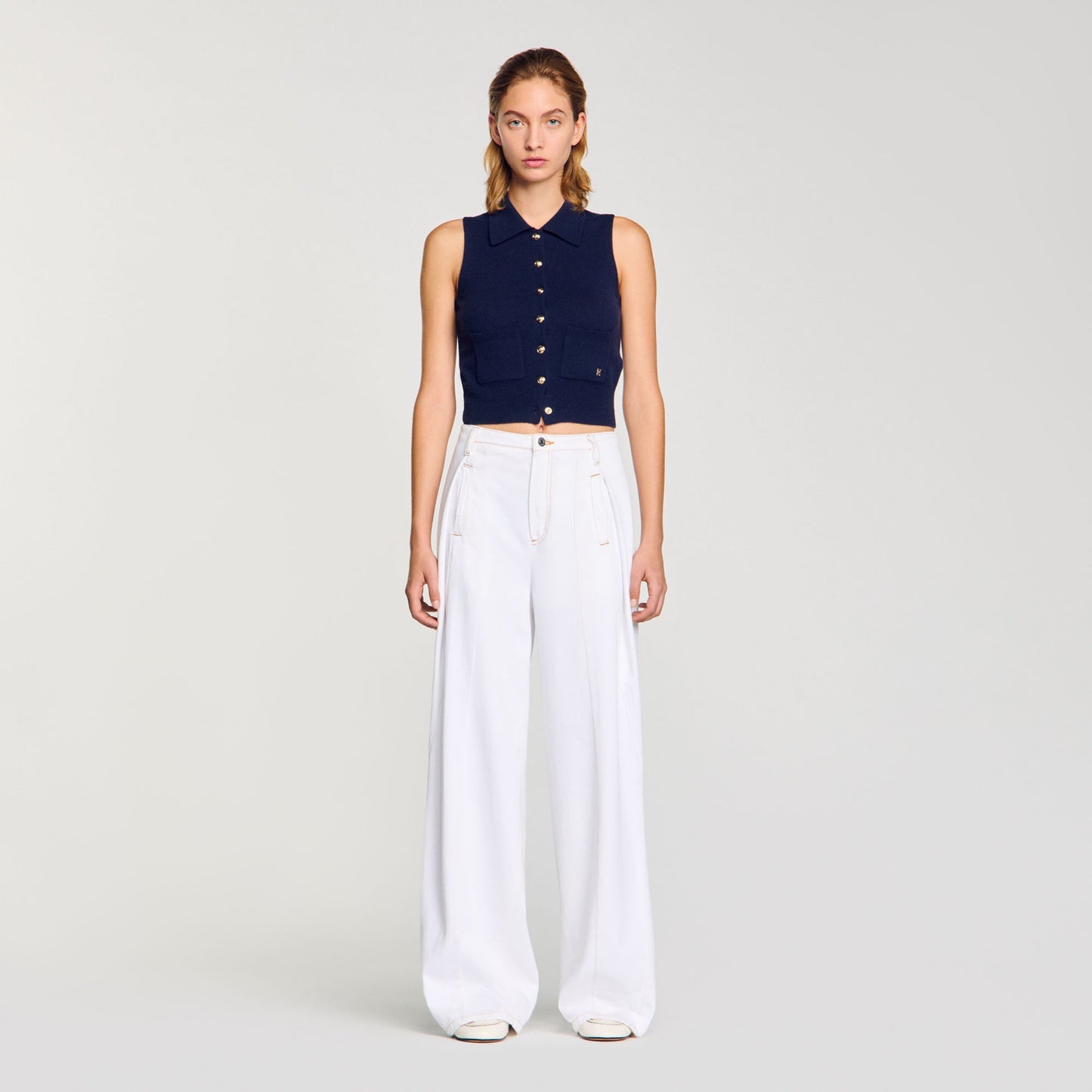 Topstitched Wide-Leg Jeans White