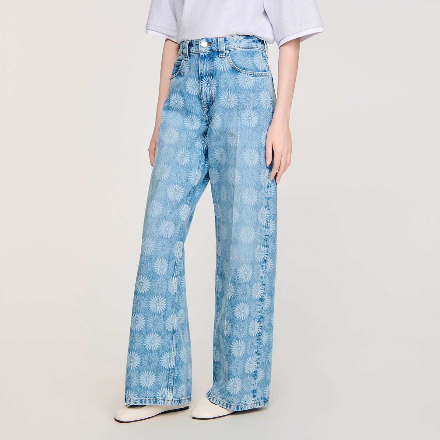Seventies Wide-Leg Floral Print Jeans Blue Jean