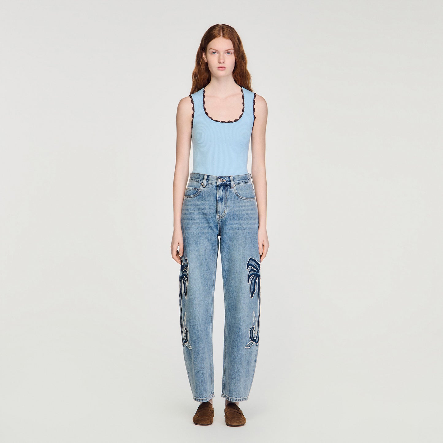 Palm Palm-Embroidered Wide Barrel Jeans Blue Jean