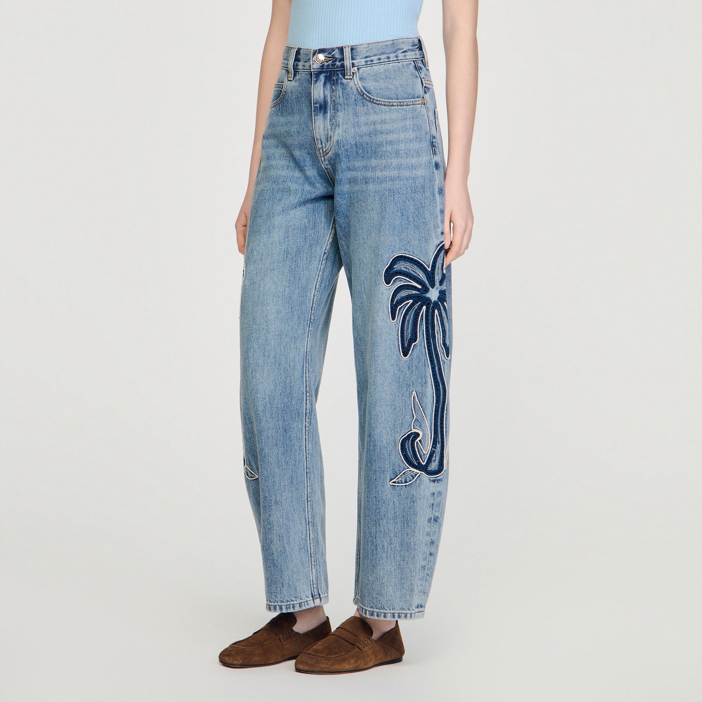 Palm Palm-Embroidered Wide Barrel Jeans Blue Jean