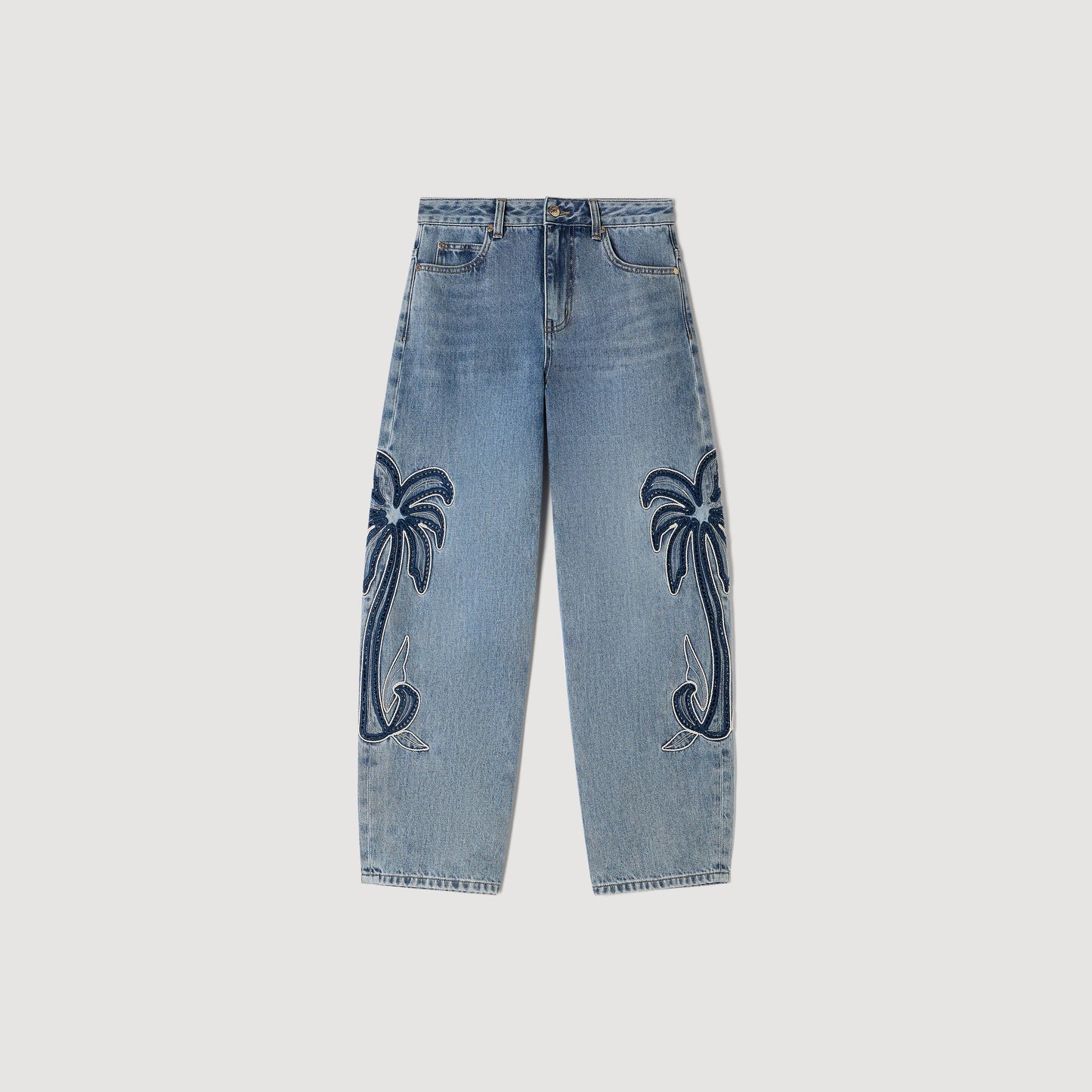Palm Palm-Embroidered Wide Barrel Jeans Blue Jean