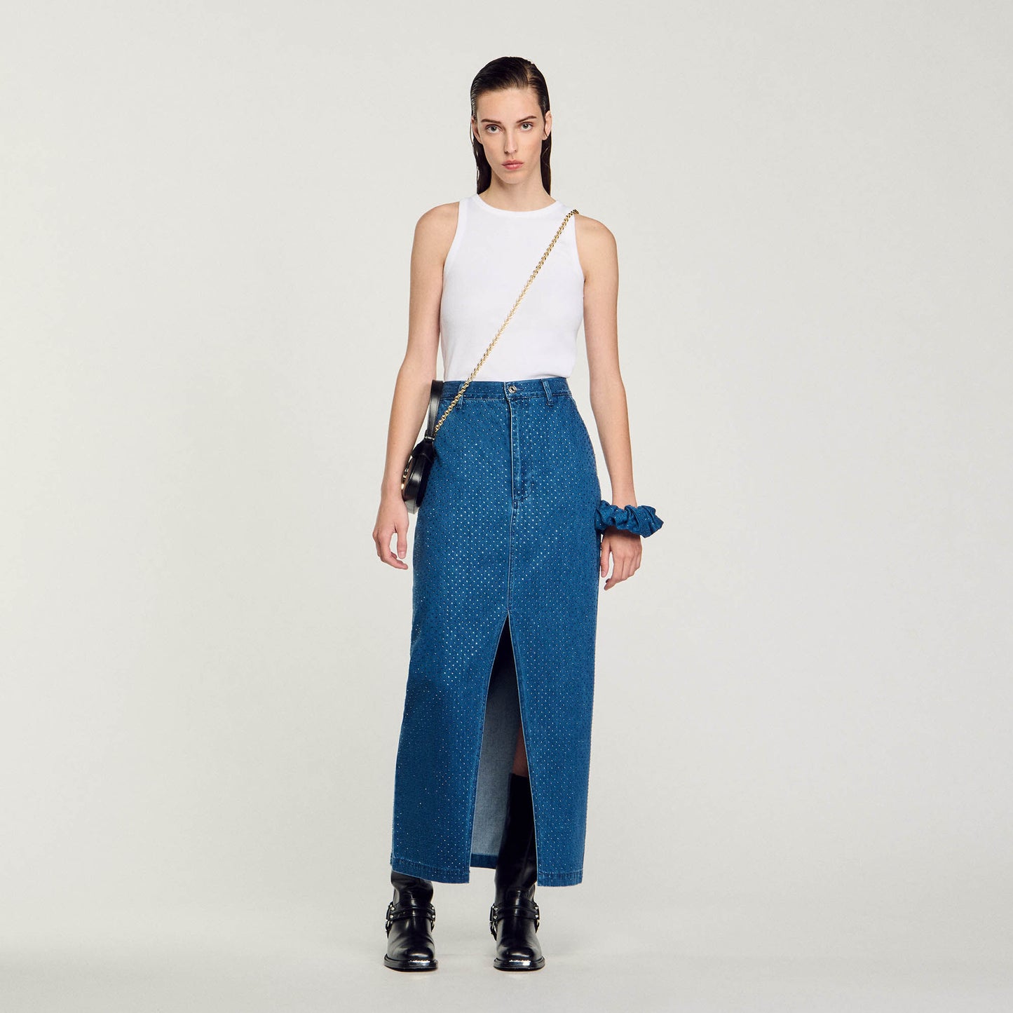 Rhinestone Denim Maxi Skirt Blue Jean