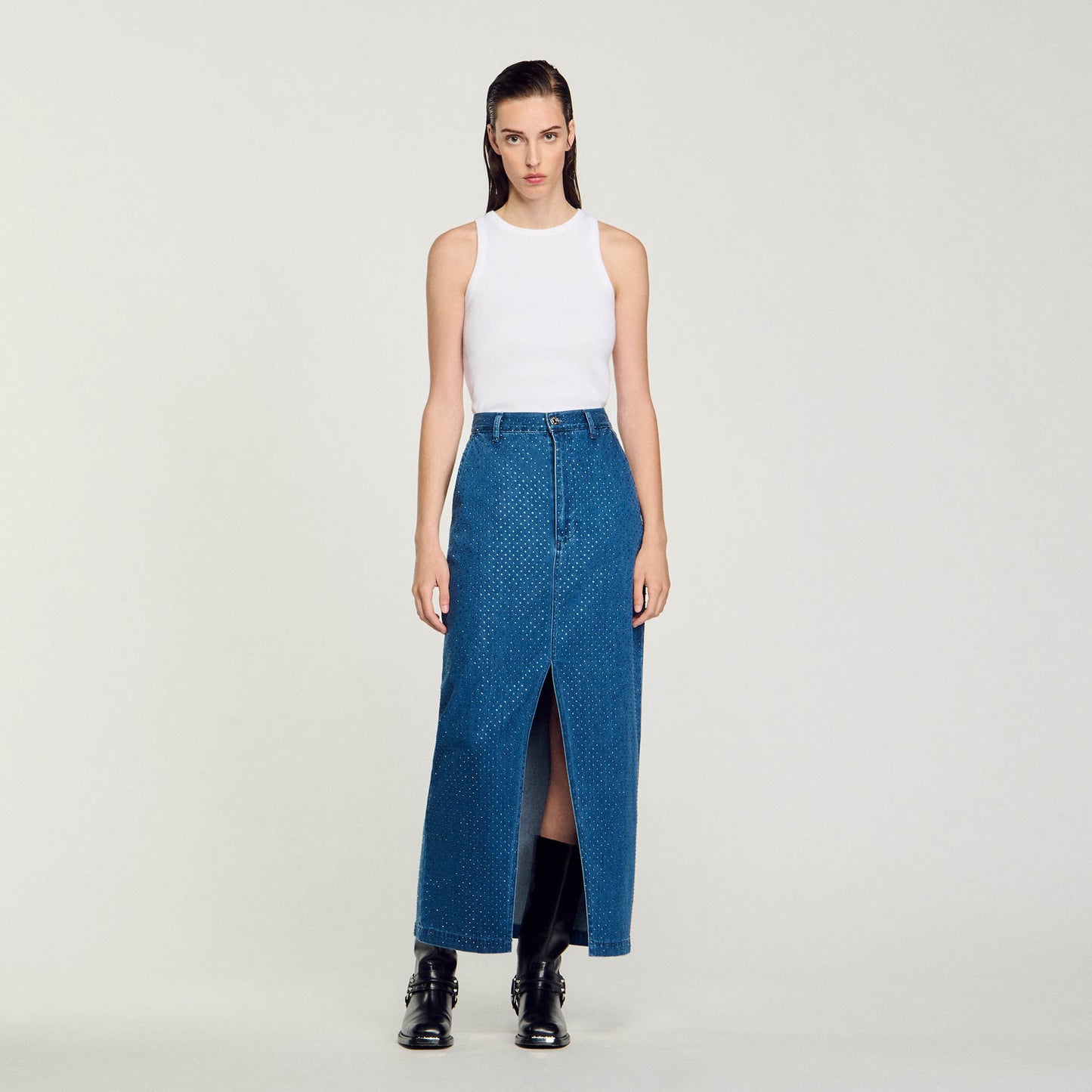 Rhinestone Denim Maxi Skirt Blue Jean