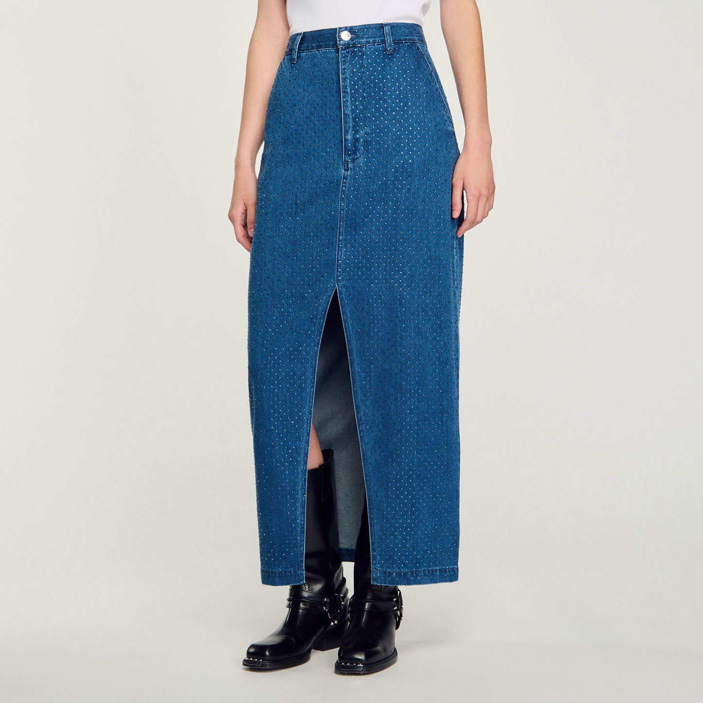 Rhinestone Denim Maxi Skirt Blue Jean