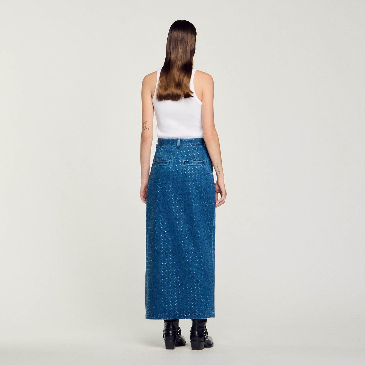 Rhinestone Denim Maxi Skirt Blue Jean