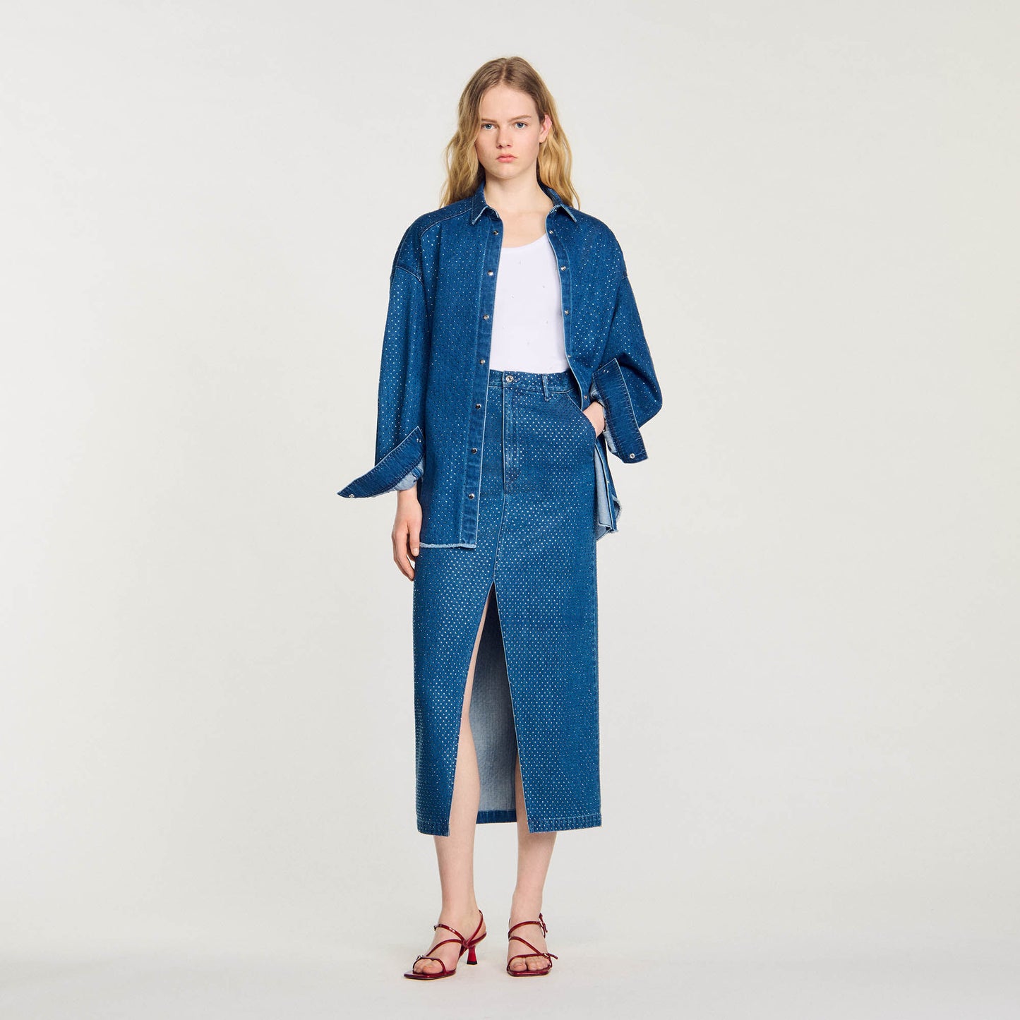 Rhinestone Denim Maxi Skirt Blue Jean