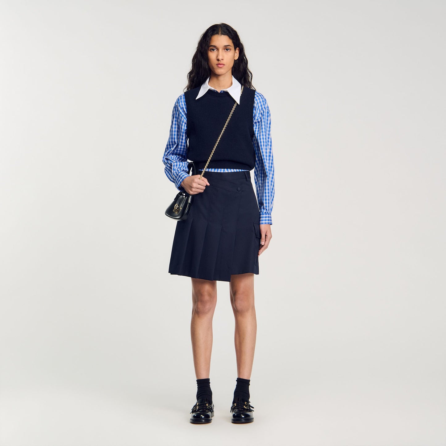 Short Asymmetrical Pleated Skirt Navy Blue
