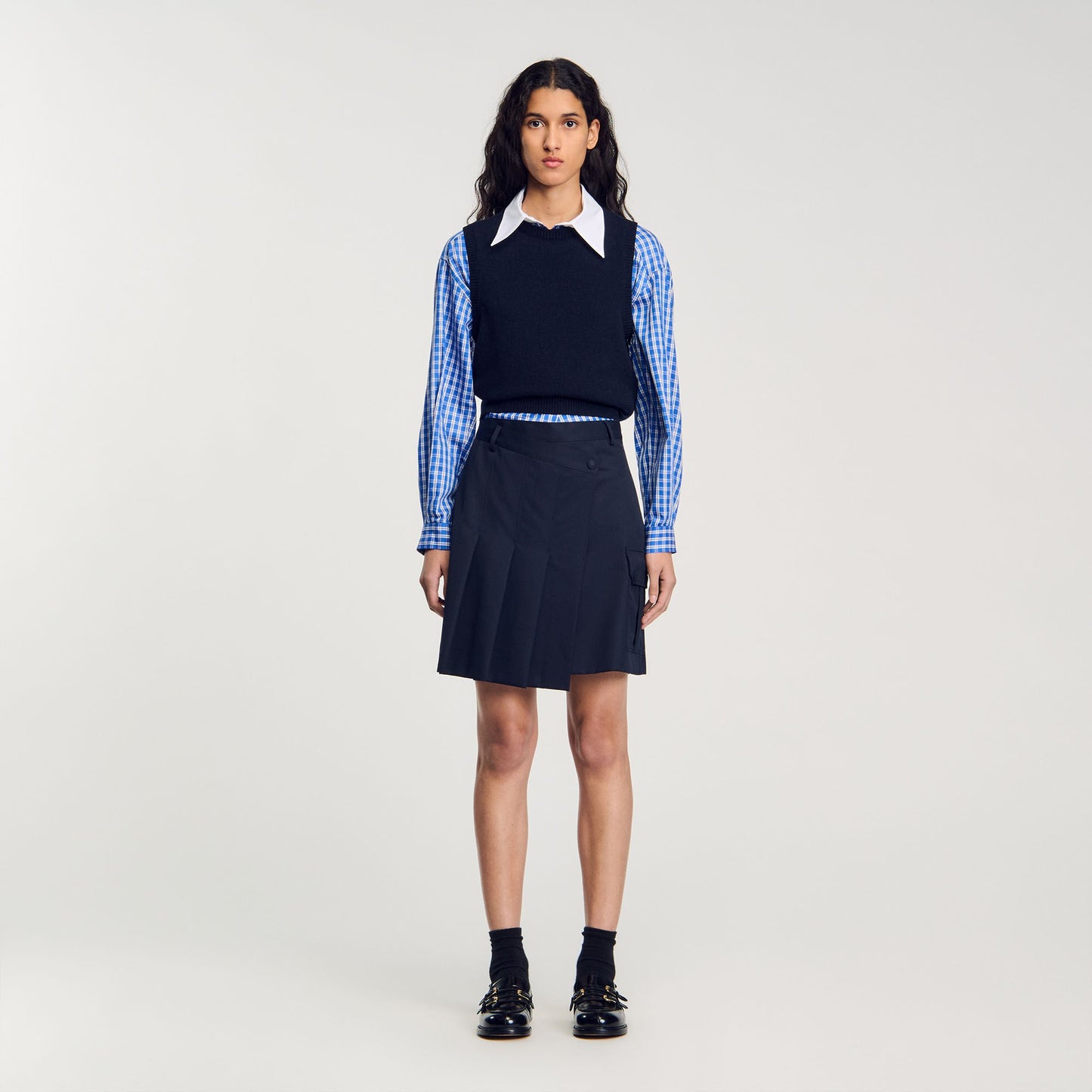 Short Asymmetrical Pleated Skirt Navy Blue