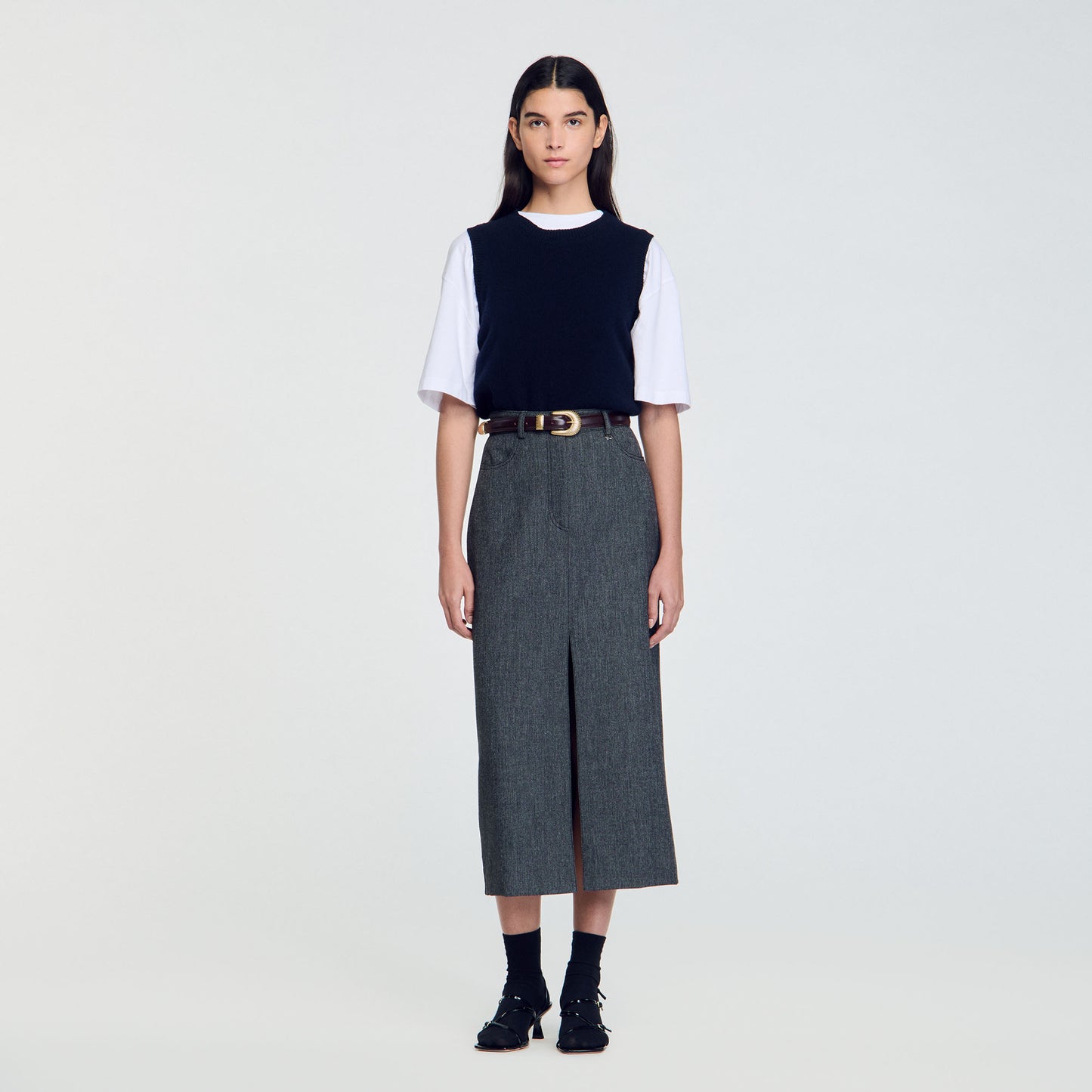 Long Slit Skirt Grey