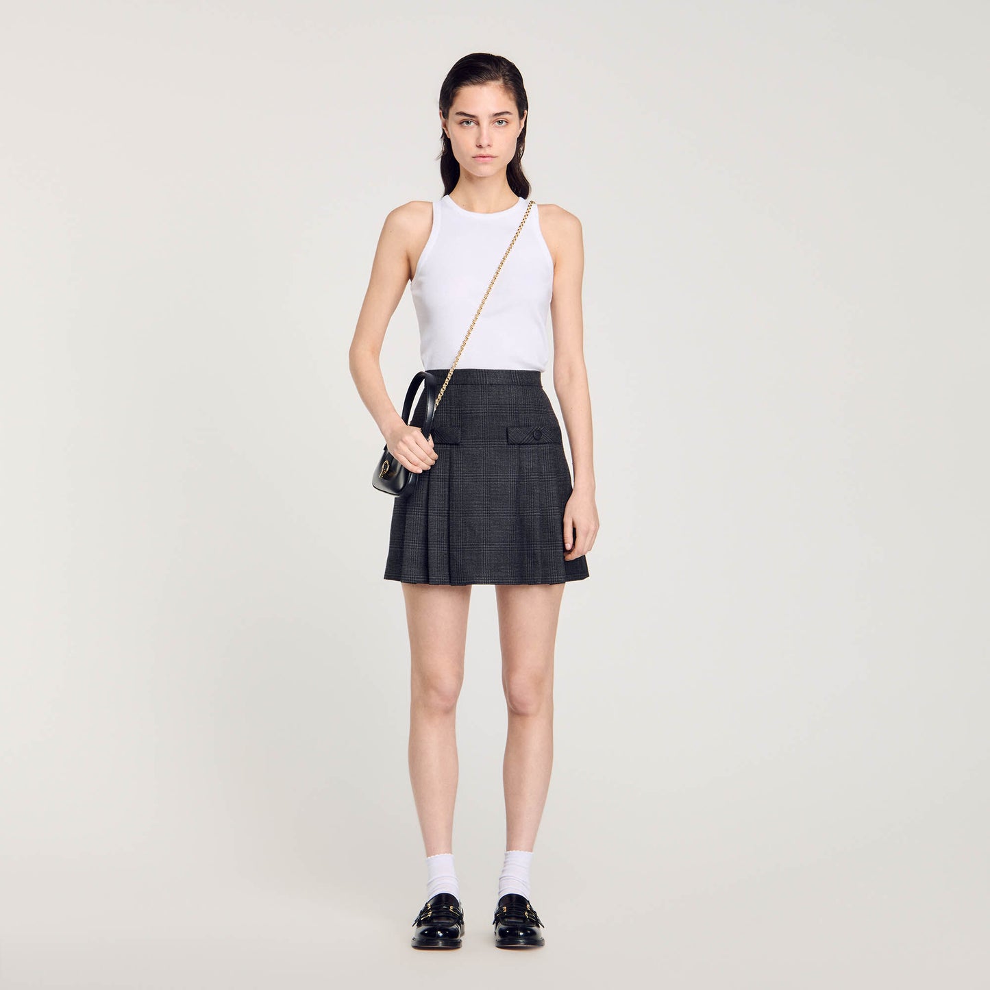 Short Checked Pleated Skirt Dark Grey