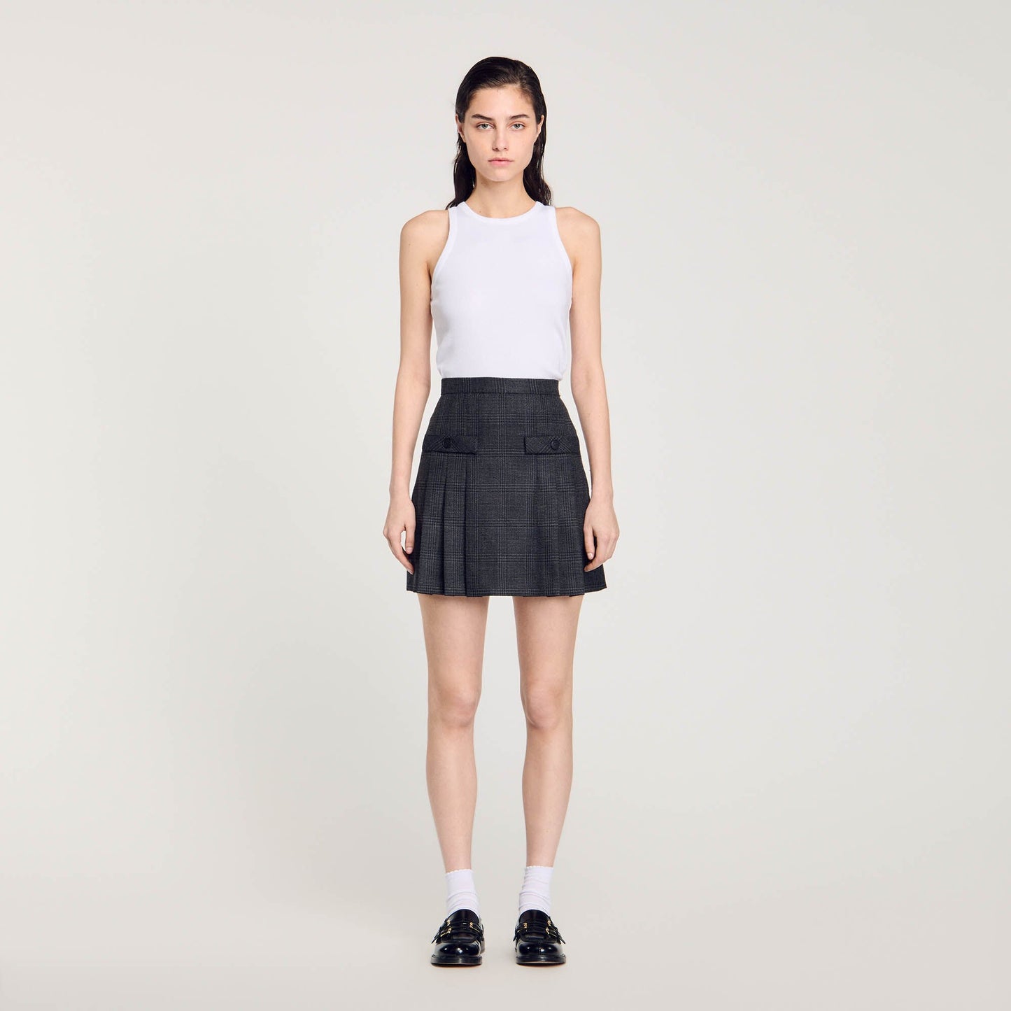 Short Checked Pleated Skirt Dark Grey