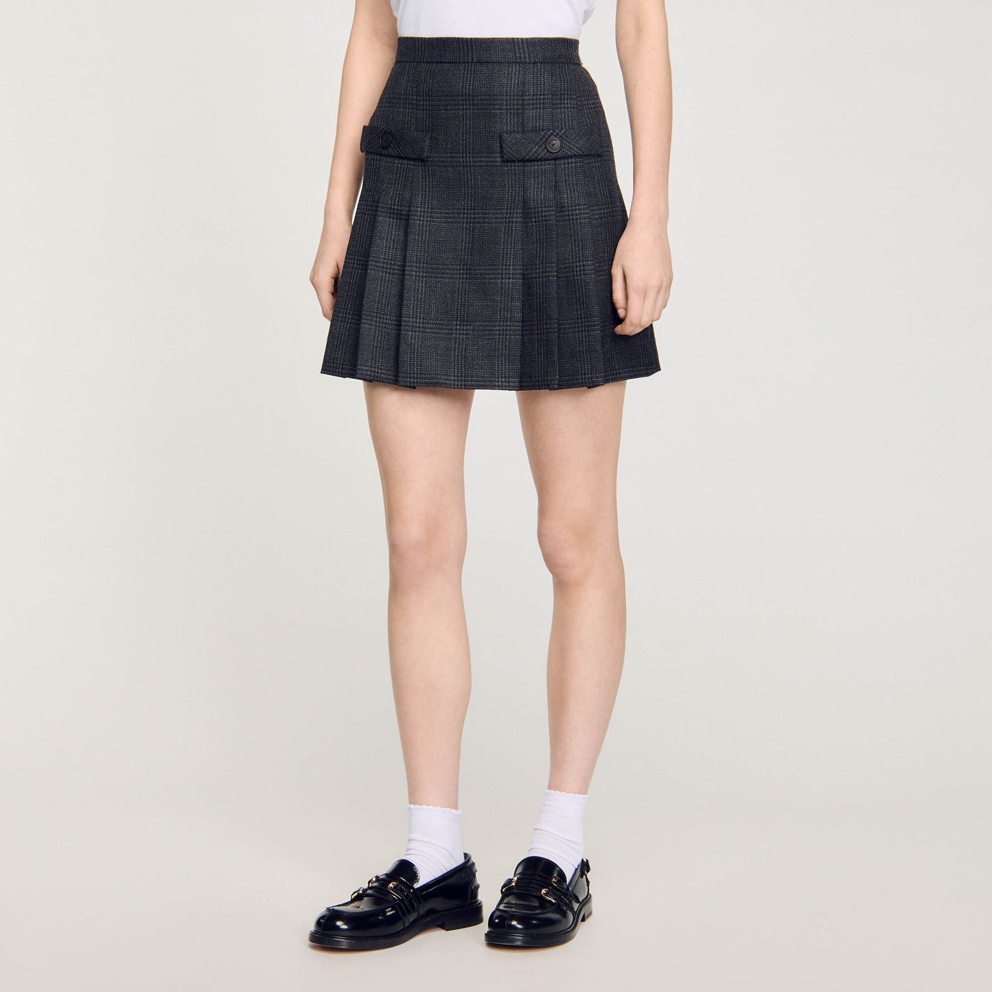Short Checked Pleated Skirt Dark Grey