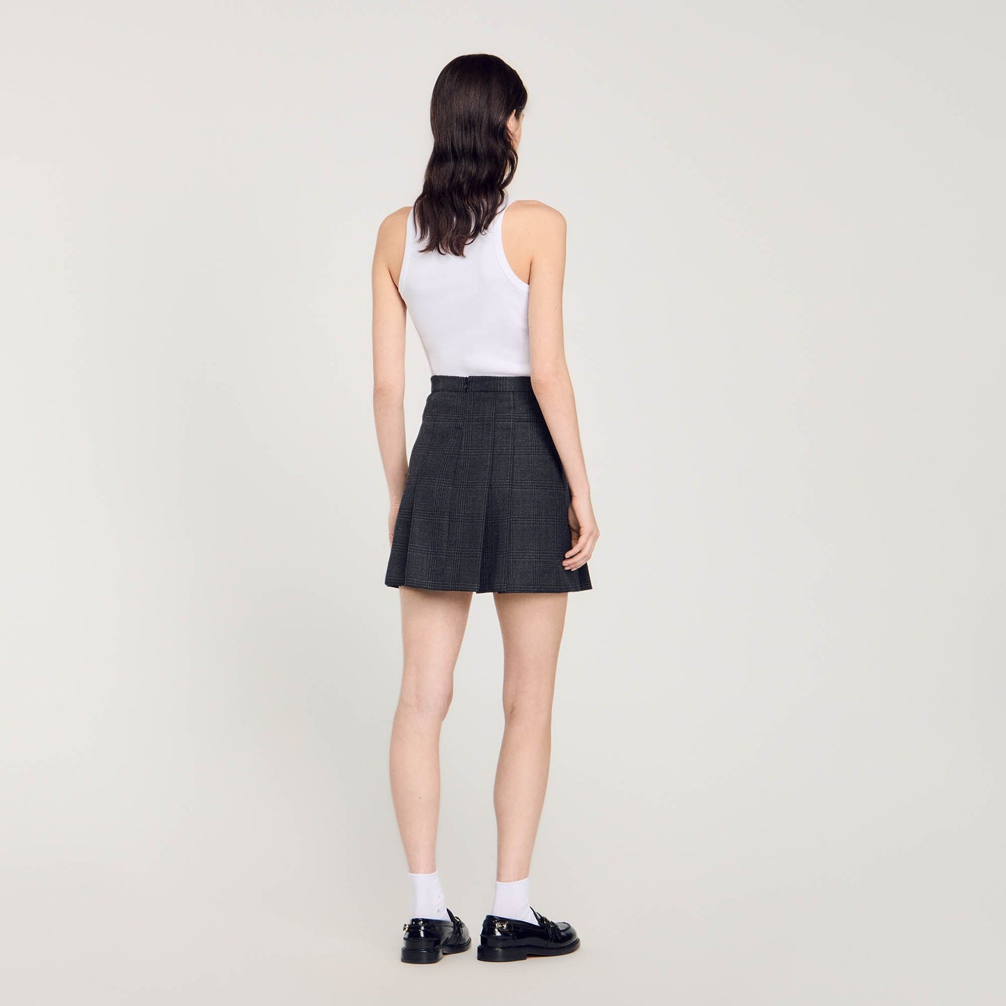 Short Checked Pleated Skirt Dark Grey