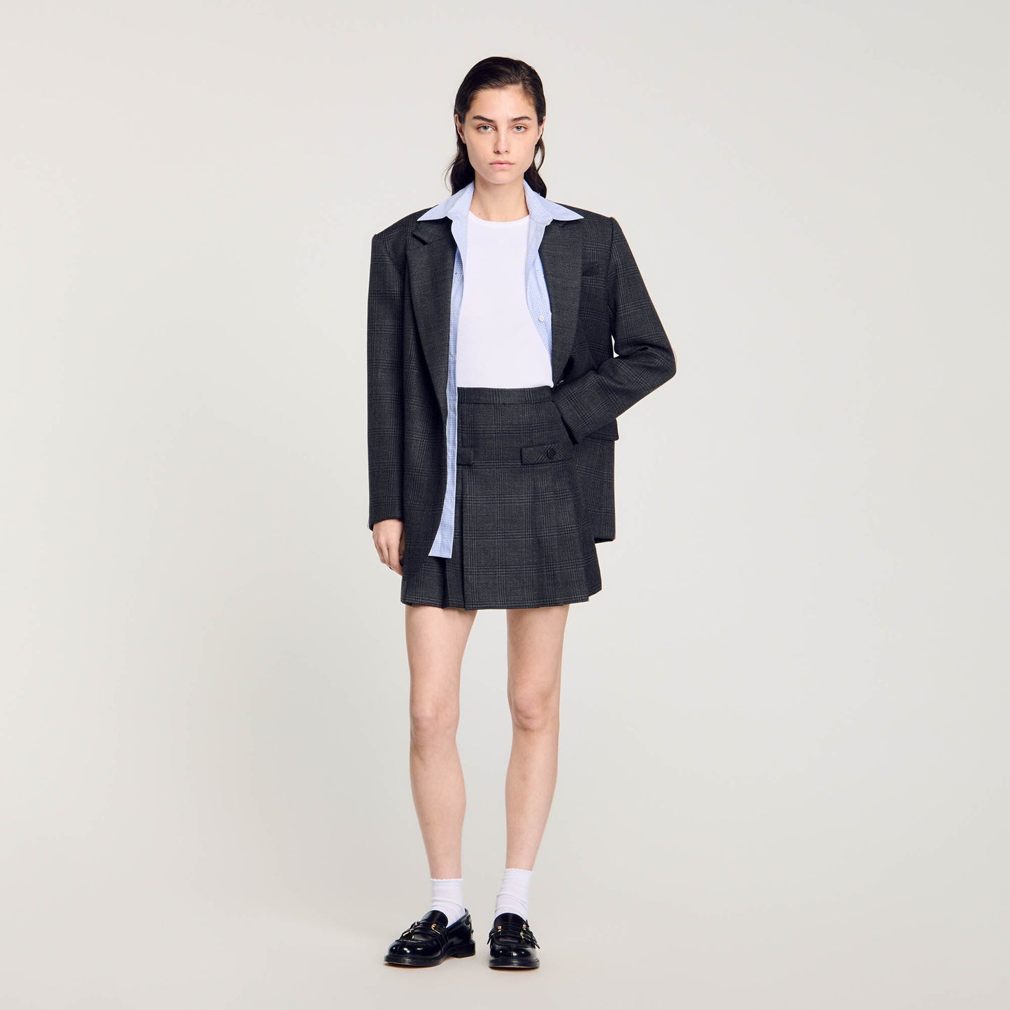 Short Checked Pleated Skirt Dark Grey