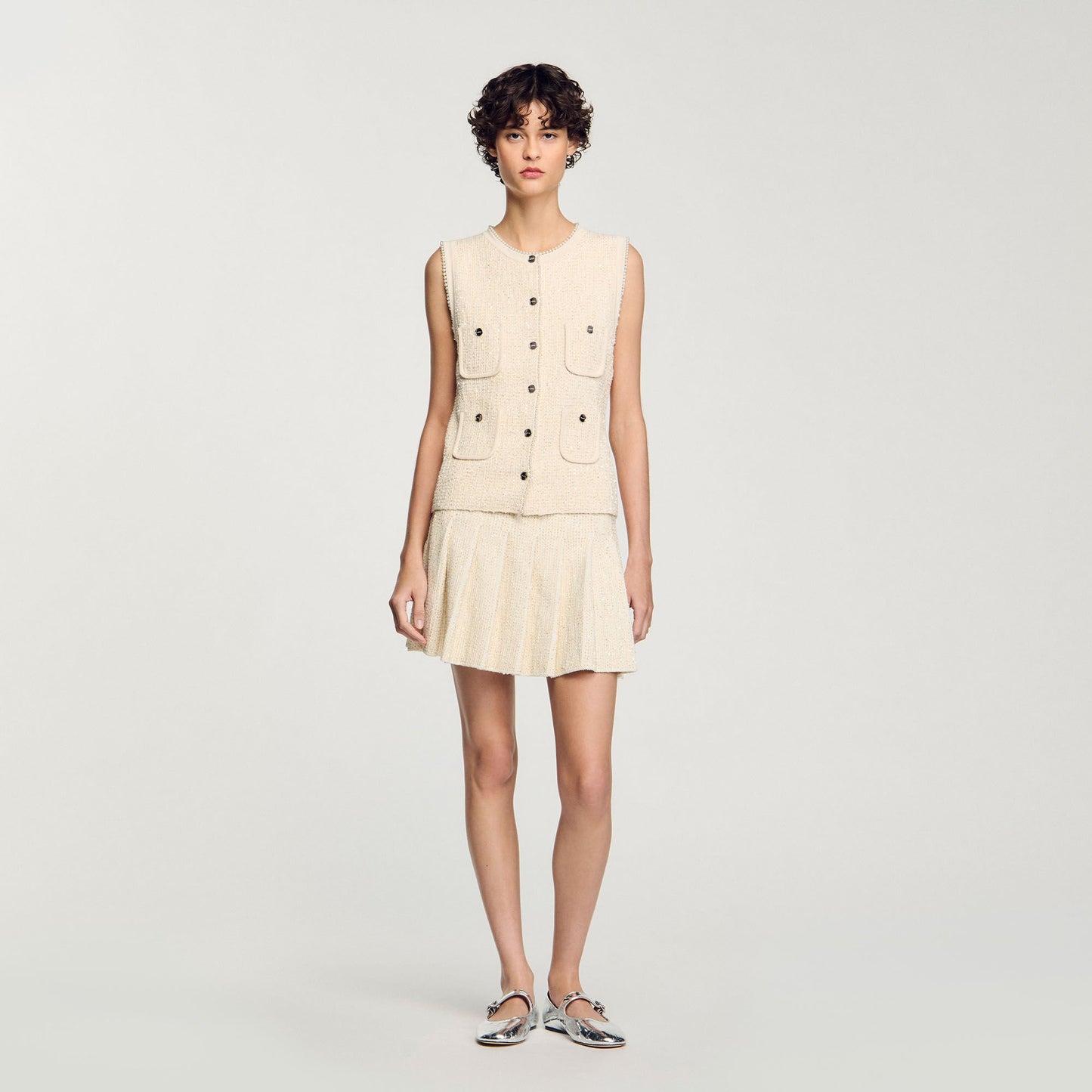 Short Tweed Pleated Skirt Ecru