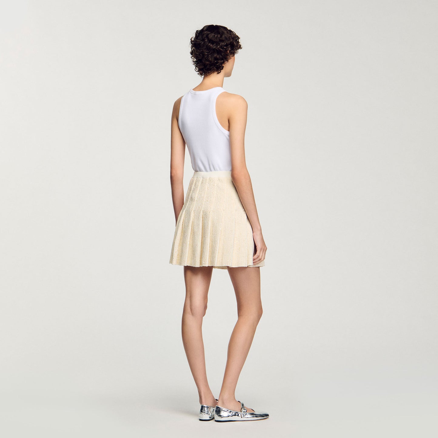 Short Tweed Pleated Skirt Ecru