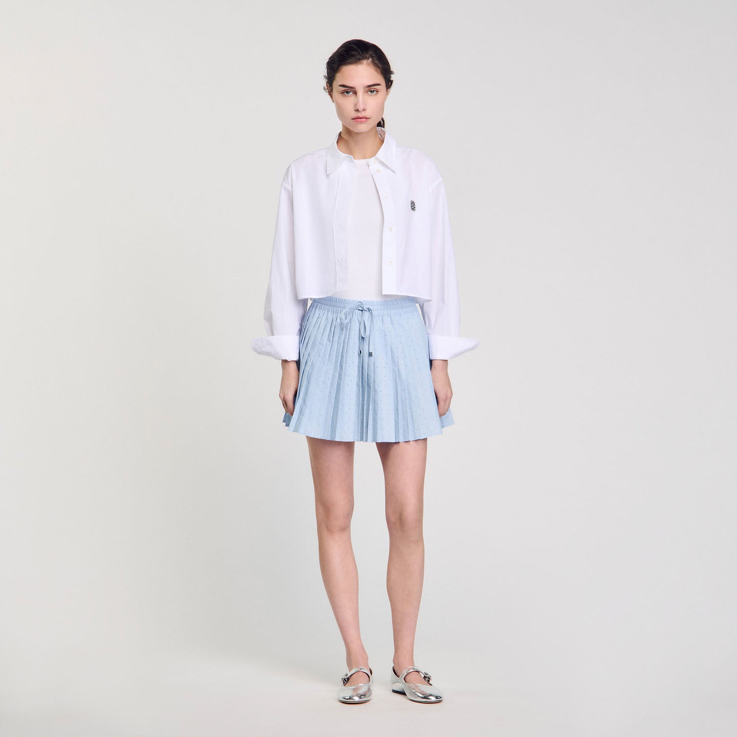Stellie Short Pleated Rhinestone Skirt Sky Blue