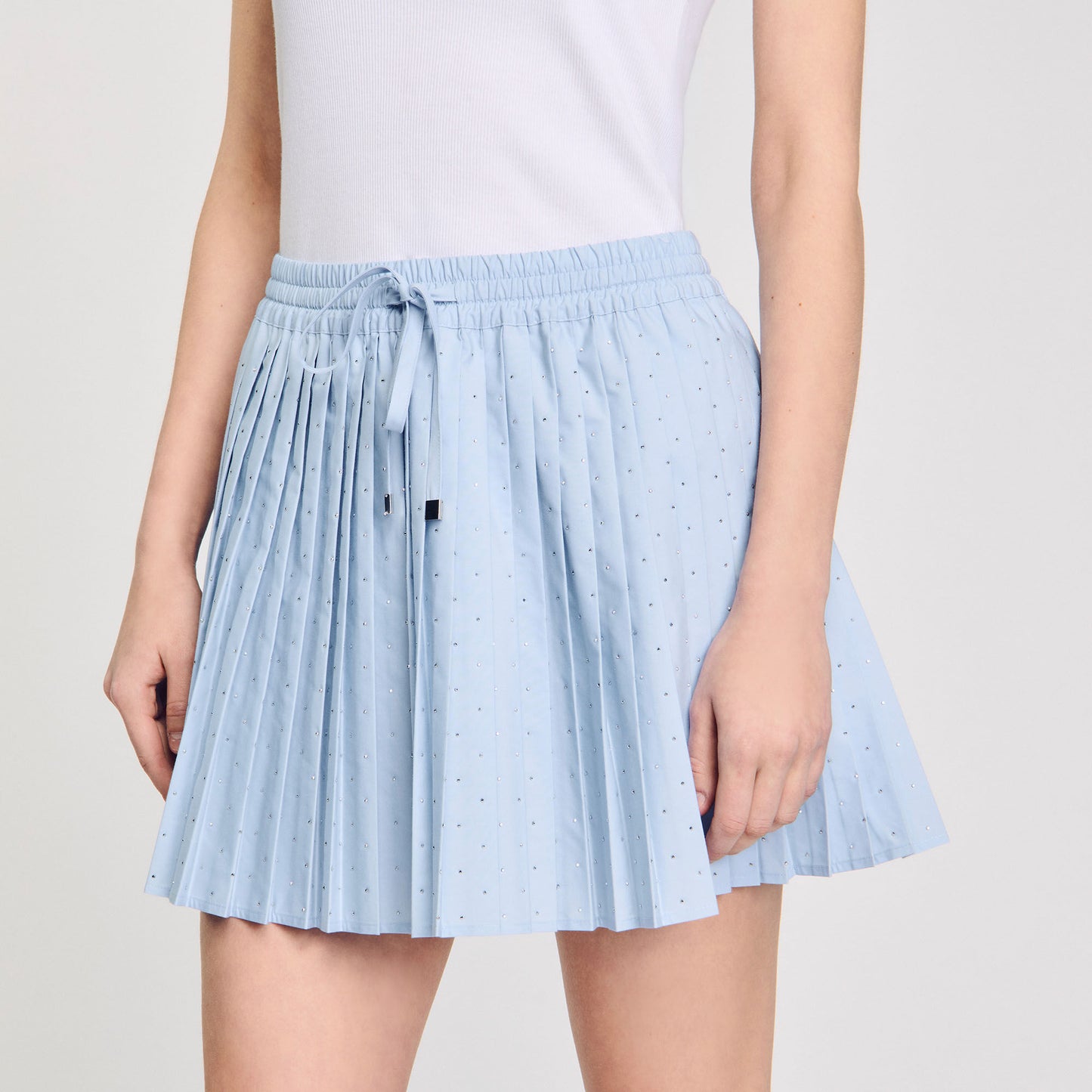Stellie Short Pleated Rhinestone Skirt Sky Blue
