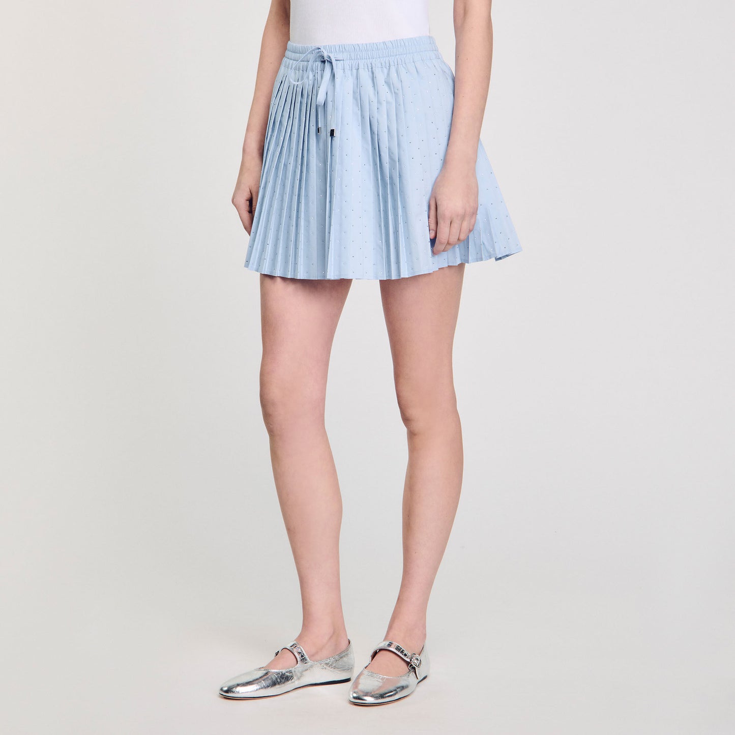 Stellie Short Pleated Rhinestone Skirt Sky Blue