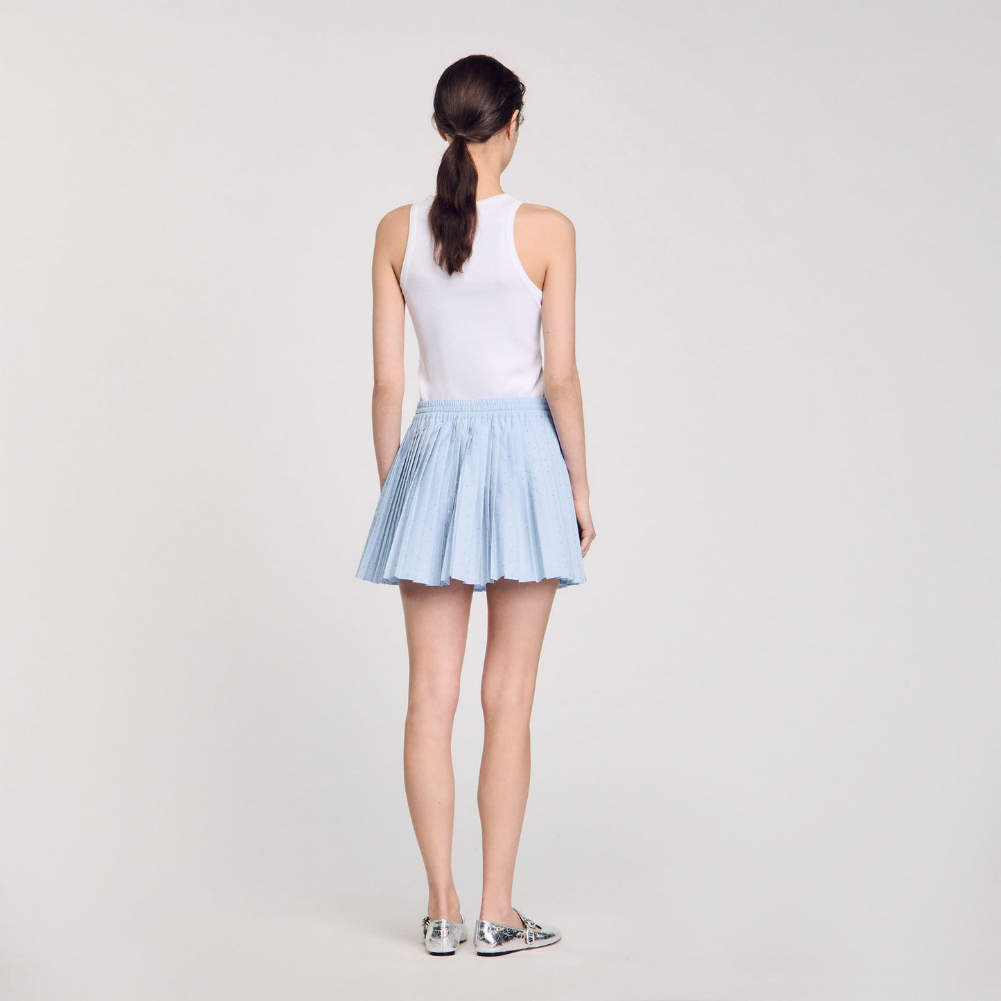 Stellie Short Pleated Rhinestone Skirt Sky Blue