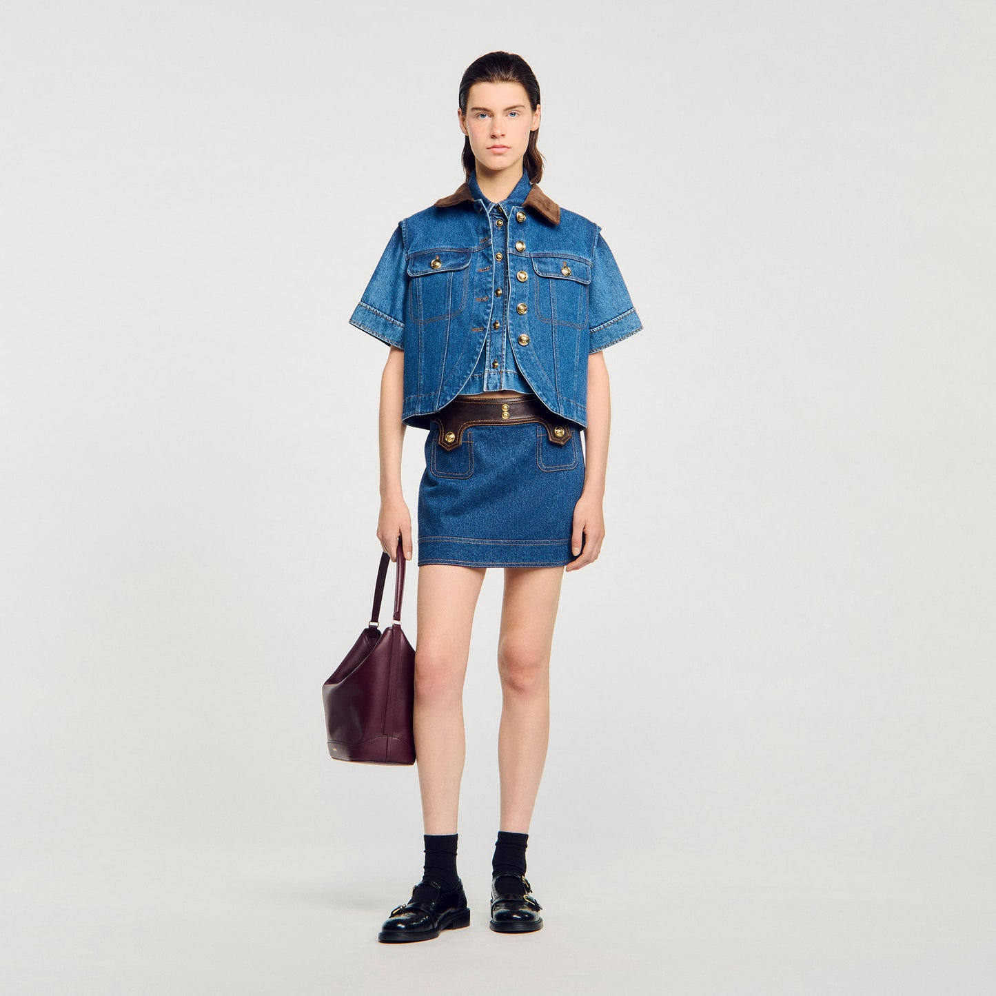 Seattle Short Denim And Leather Skirt Dark Blue