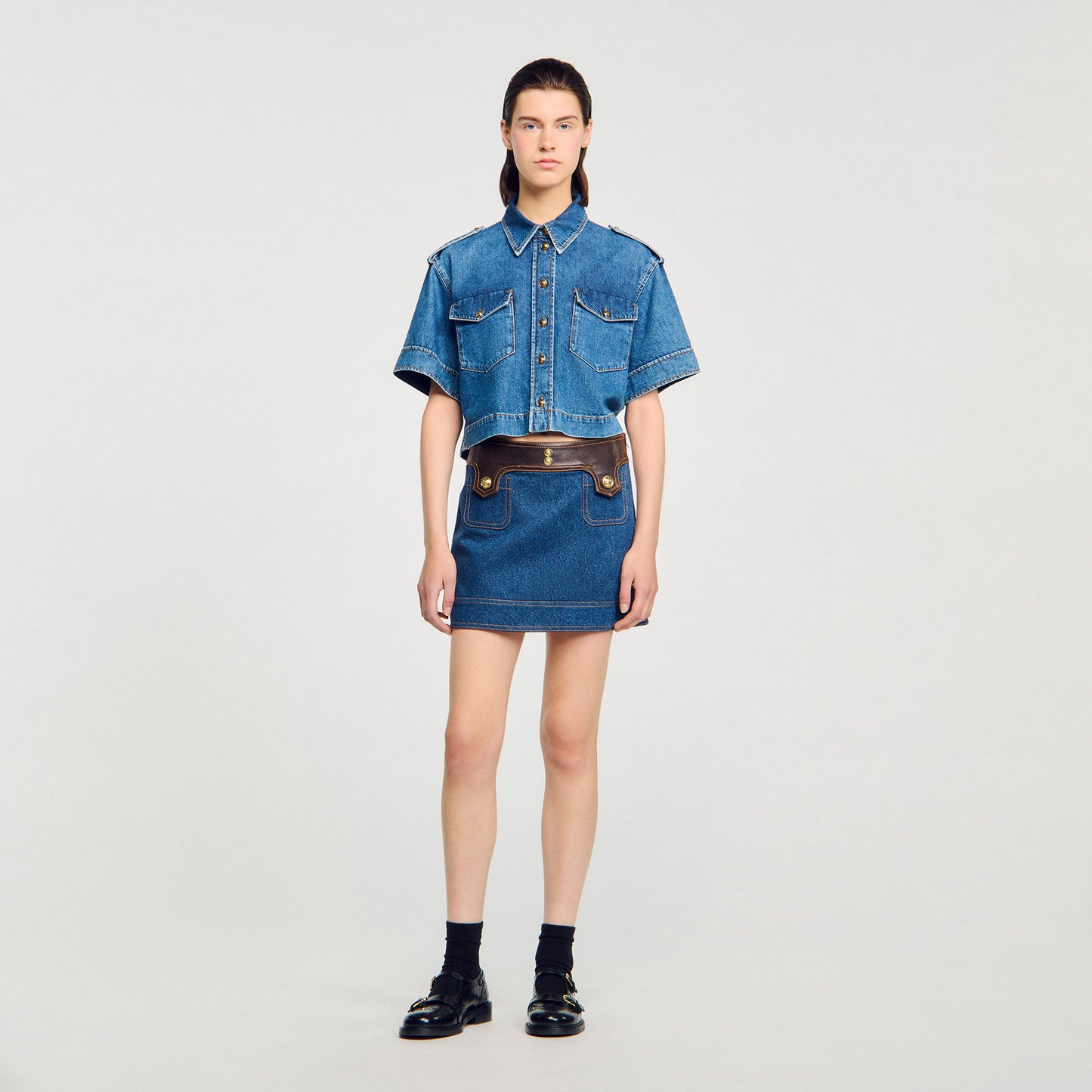 Seattle Short Denim And Leather Skirt Dark Blue