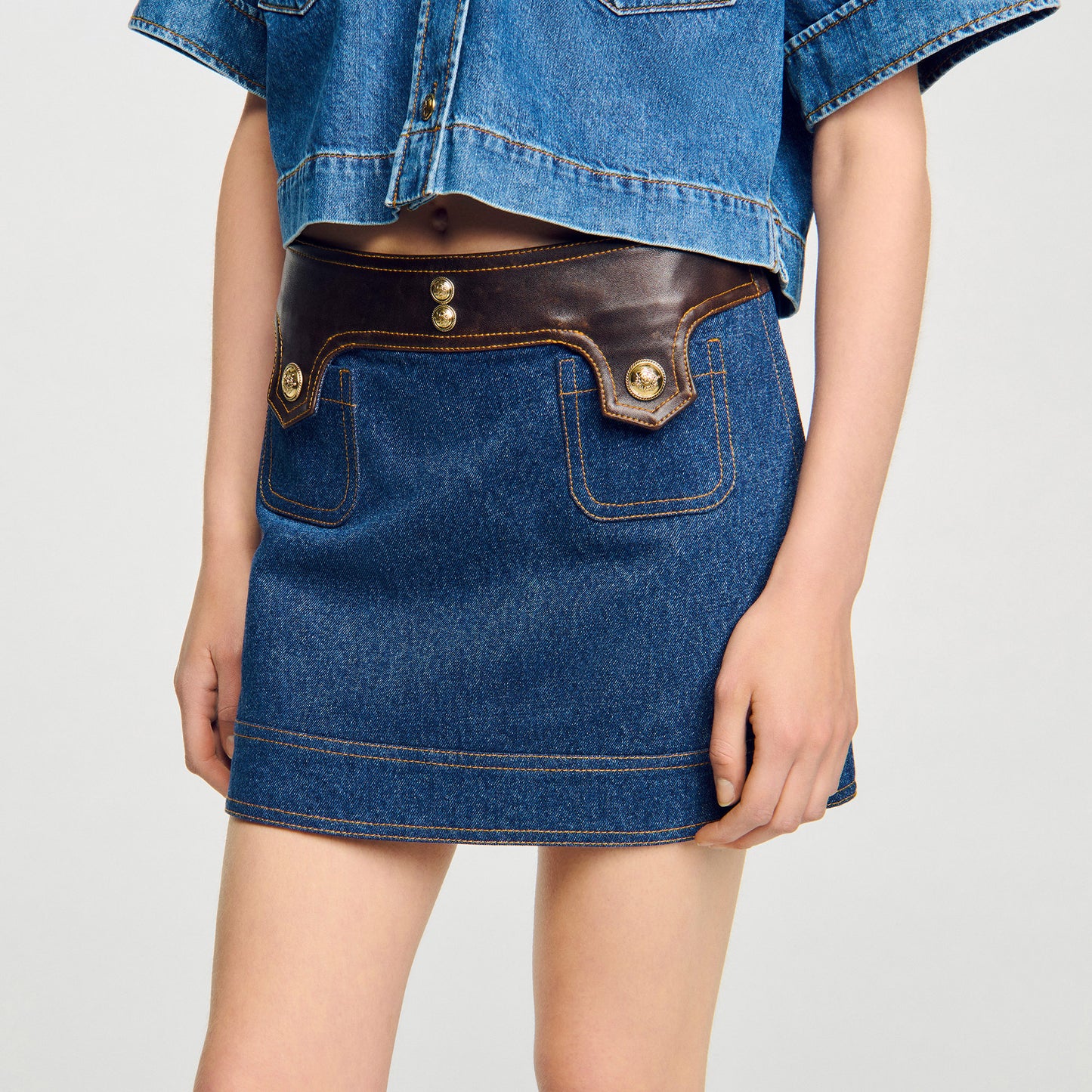 Seattle Short Denim And Leather Skirt Dark Blue