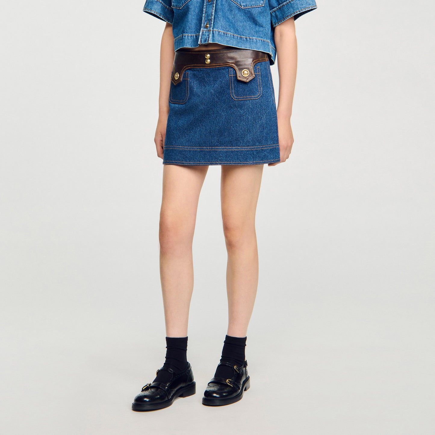 Seattle Short Denim And Leather Skirt Dark Blue