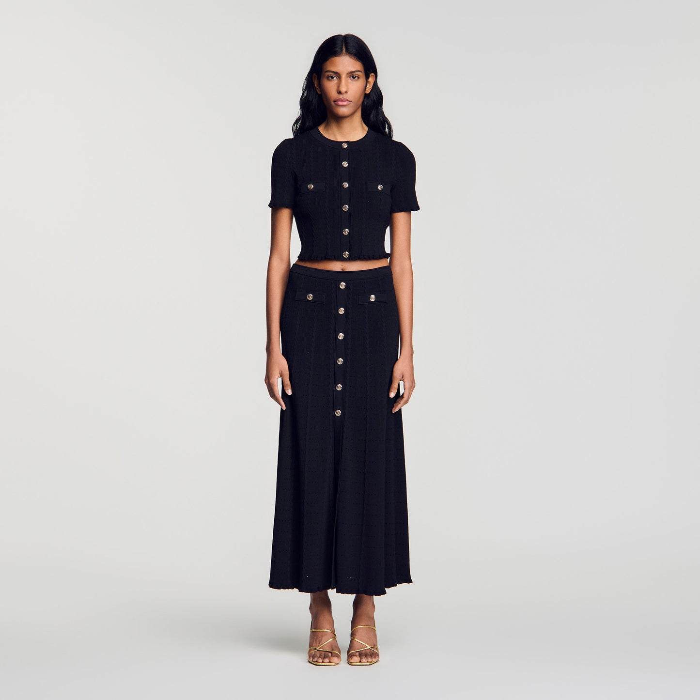 Venice Pointelle Knit Maxi Skirt Black