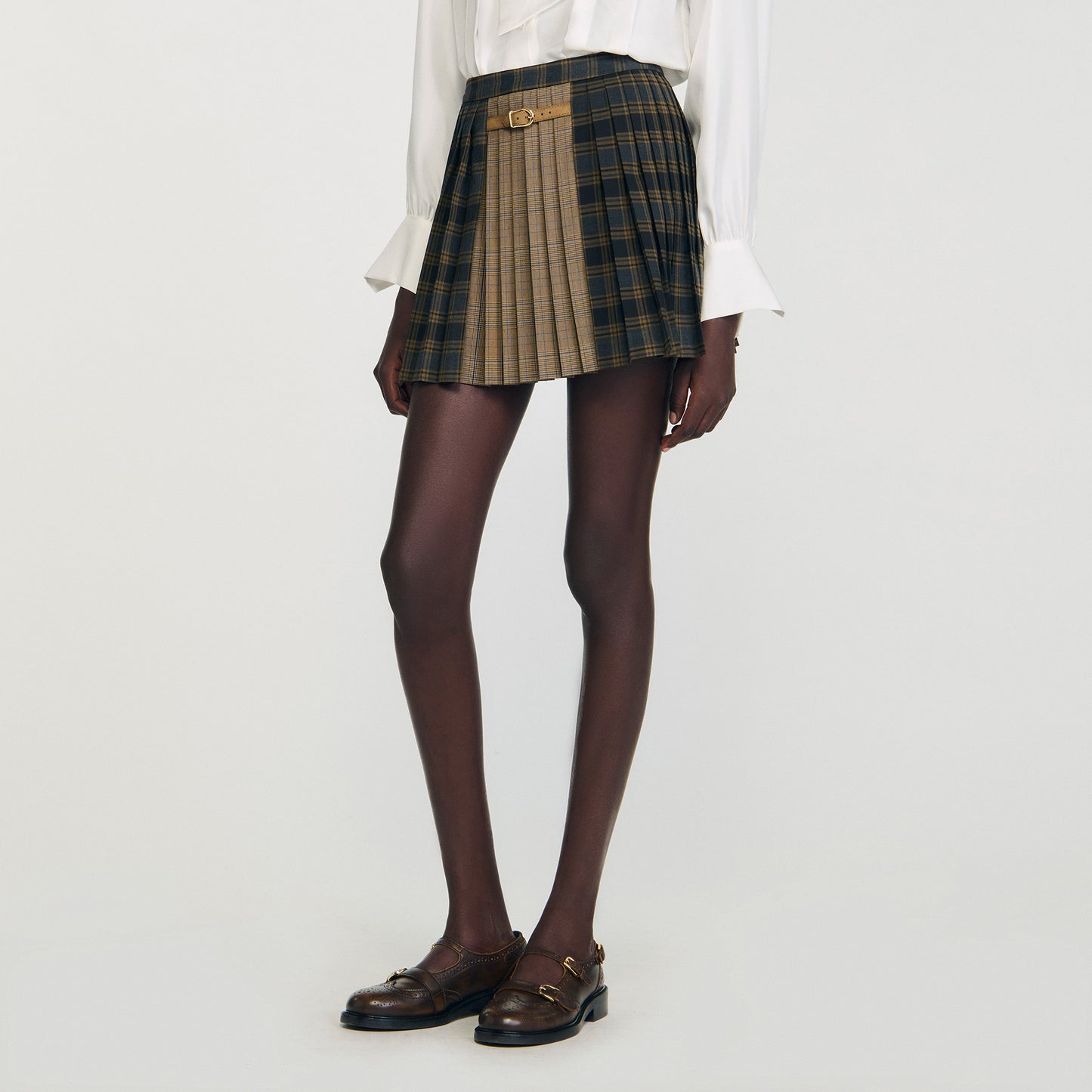Oliviana Short Checked Pleated Skirt Ocher / Blue